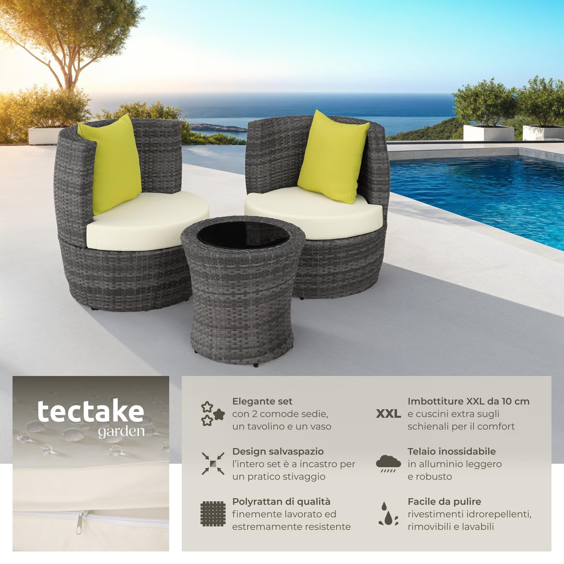 tectake® Set di Mobili da Giardino, Poli Rattan e Alluminio, 2 Sedie, 1 Tavolo, 1 Vaso, Cuscini, Sedia da Esterno, Poltroncina, Set Balcone, Poltrona Giardino, Tavolo con Sedie Esterno - Grigio