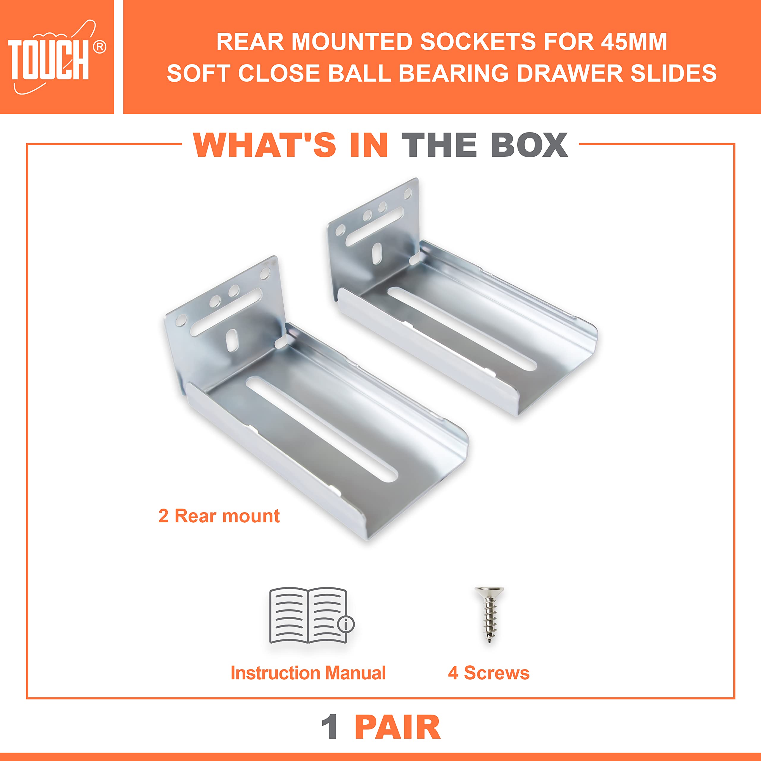 TOUCH Rear Mounting Drawer Slides Socket (1 Pair, 2 Pcs) for 1.77