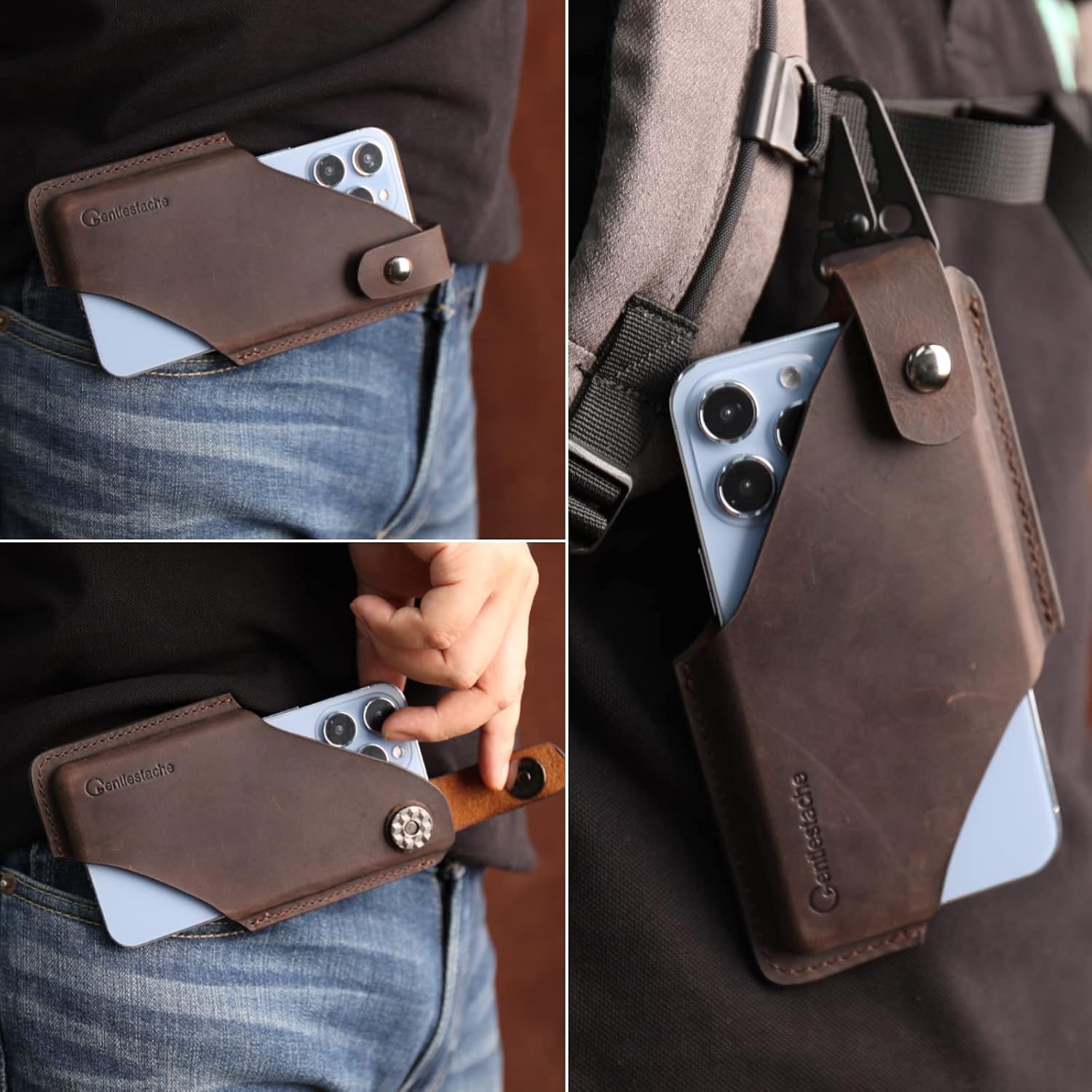 Gentlestache Leather Cell Phone Holster with Belt Clip,Leather Phone Pouch for iPhone Samsung Motorola,Belt Case with Belt Loops,Leather Phone Case on Belt,Cell Phone Sheath,Medium Size,Darkbrown image 2