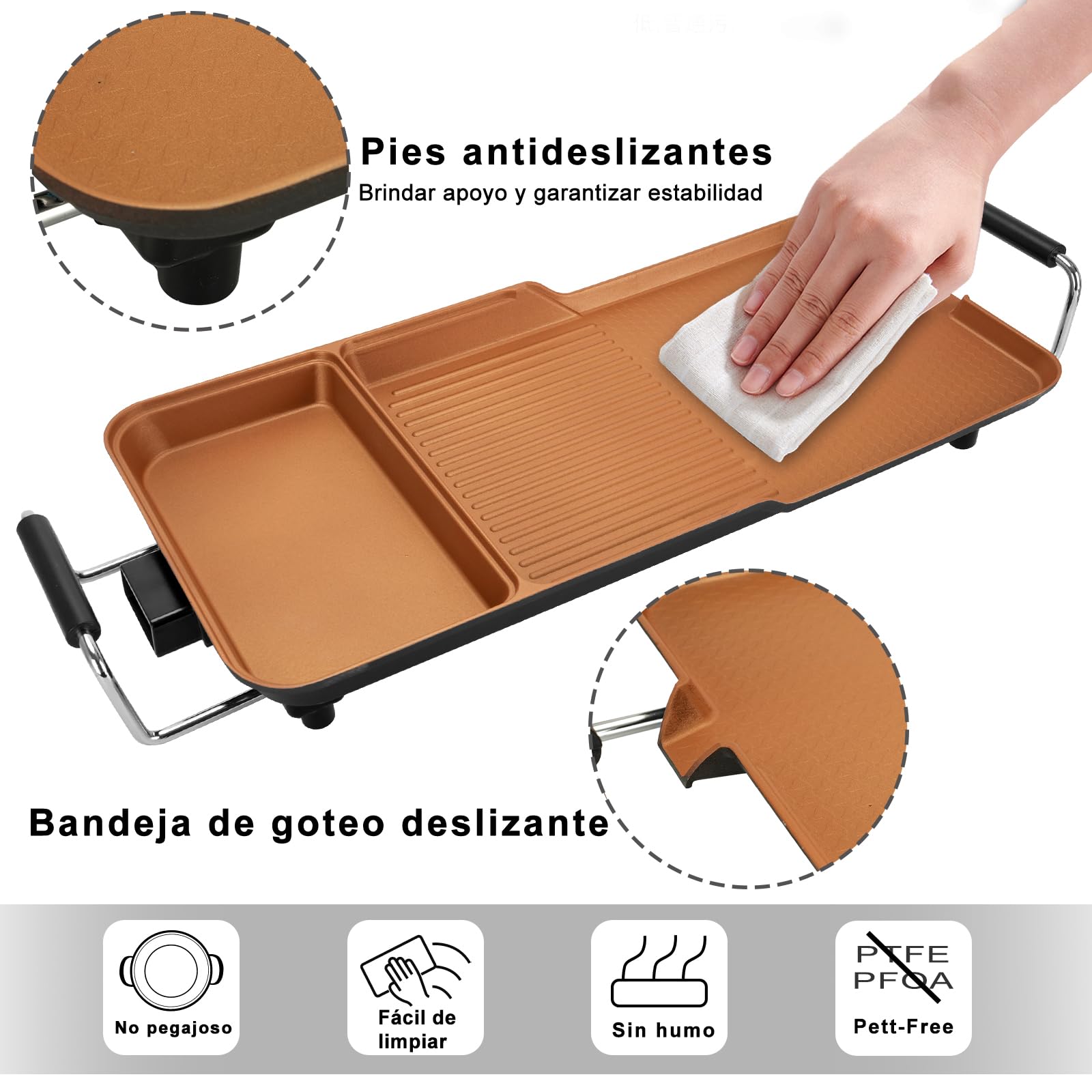 AEWHALE Plancha Eléctrica 3 en 1, 2000 W, Barbacoa Eléctrica Dorado | Adecuado para Uso Tanto en Interiores Como en Exteriores, para 6 Personas, Fácil de Limpiar