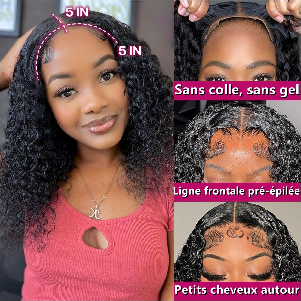 Perruque Cheveux Humain Deep Wave Glueless Bob Wig Human Hair 12 Pouces 5x5 HD Lace Front Curly Wigs Pre Plucked Pre Cut Densité 180 Perruques Bouclées Femmes Humide et Ondulé Noir Naturel