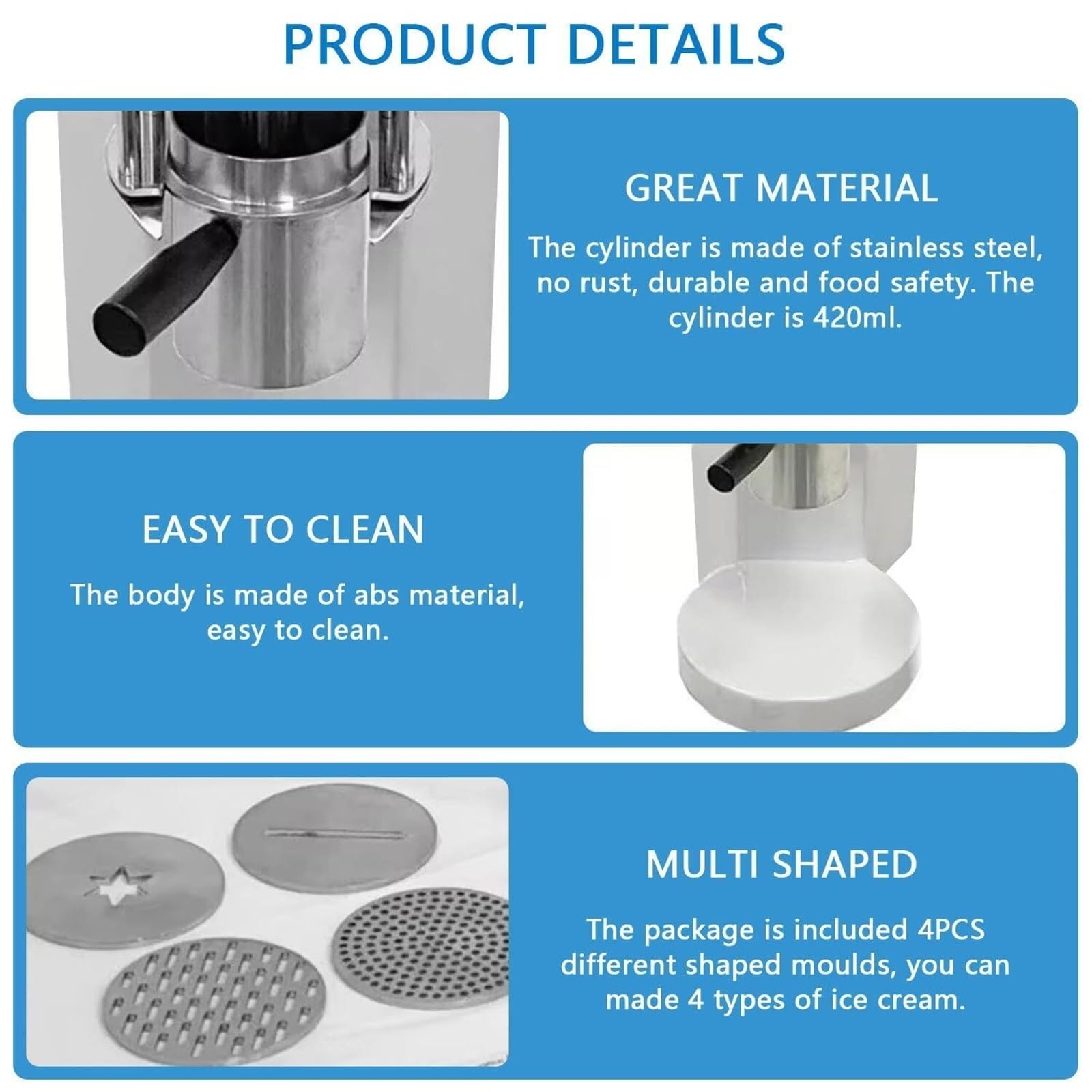 Máquina comercial de fideos para helados con 4 moldes para postres creativos, perfecta para camiones de alimentos y heladerías, fácil de usar y limpiar