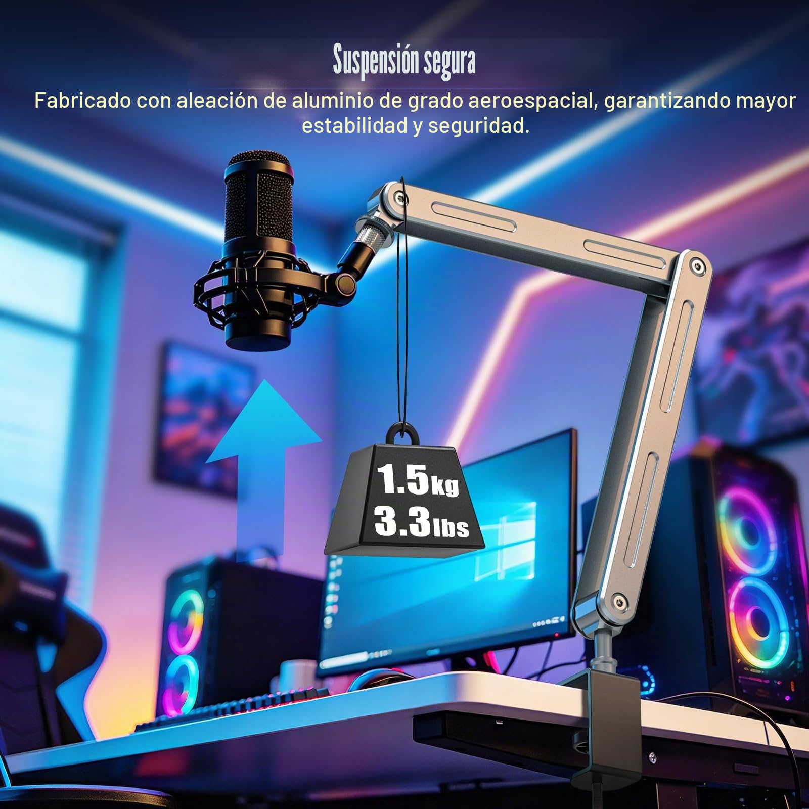 Aluminio Soporte Micrófono de Mesa para Podcast, Streaming, TikTok, Canto | Brazo Micrófono de Mesa con Tornillo de 3/8" a 5/8"