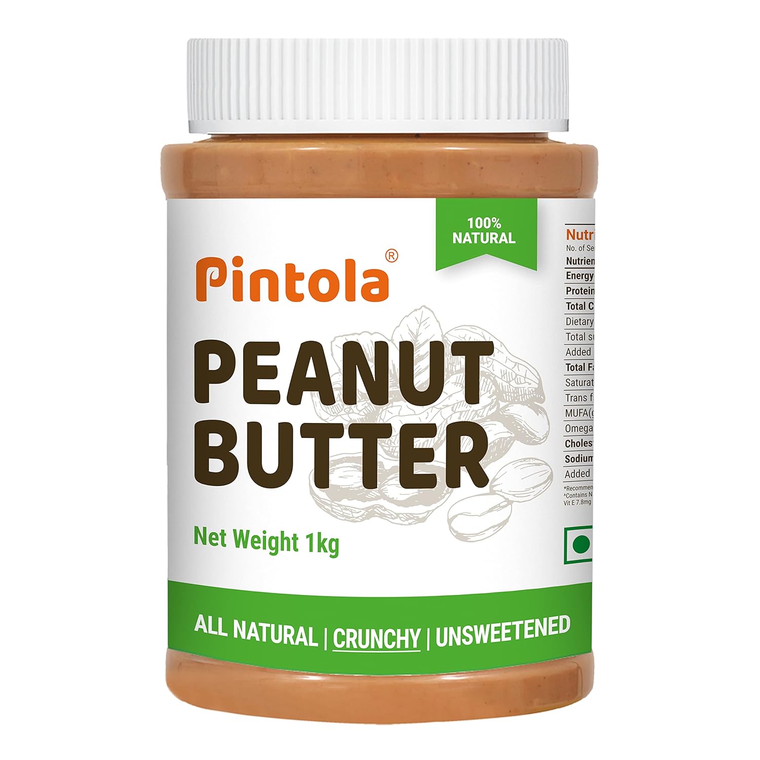 Pintola All Natural Peanut Butter Crunchy 1kg Unsweetened 30g