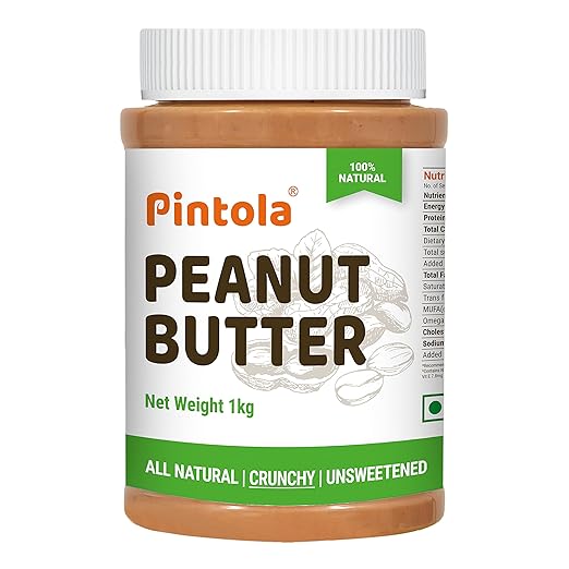 Pintola All Natural Peanut Butter (Crunchy) | Unsweetened | 30g Protein | Non GMO | Gluten Free | Vegan | Cholesterol Free (1kg)