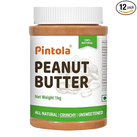 Pintola All Natural Peanut Butter (Crunchy) | Unsweetened | 30g Protein | Non GMO | Gluten Free | Vegan | Cholesterol Free (1kg)
