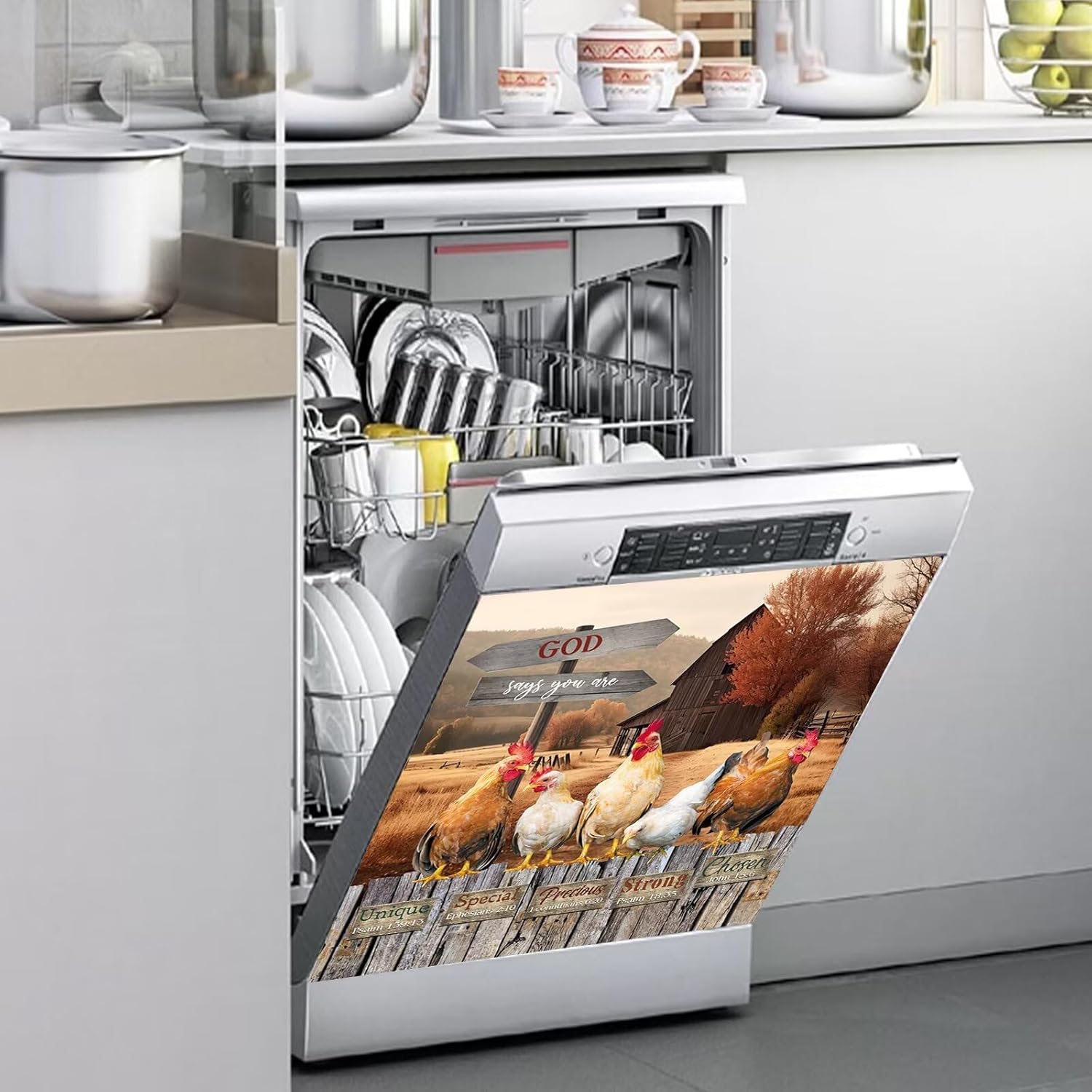 Country Chicken Dishwasher Magnet Cover,Rooster Sticker - God Says You Are Special,Farmhouse Wood Dishwasher Cover Front Door Panel Decal,Farm Refrigerator Magnets Fridge Kitchen Decor,23''x26''