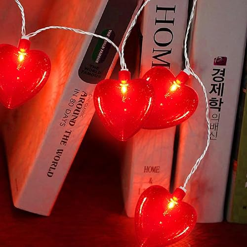 Miniatura 4 de Guirnalda de luces de corazón rojo, 8.5 pies, luces de decoración del día de San Valentín con 10 luces de corazón con purpurina, luces de hadas de