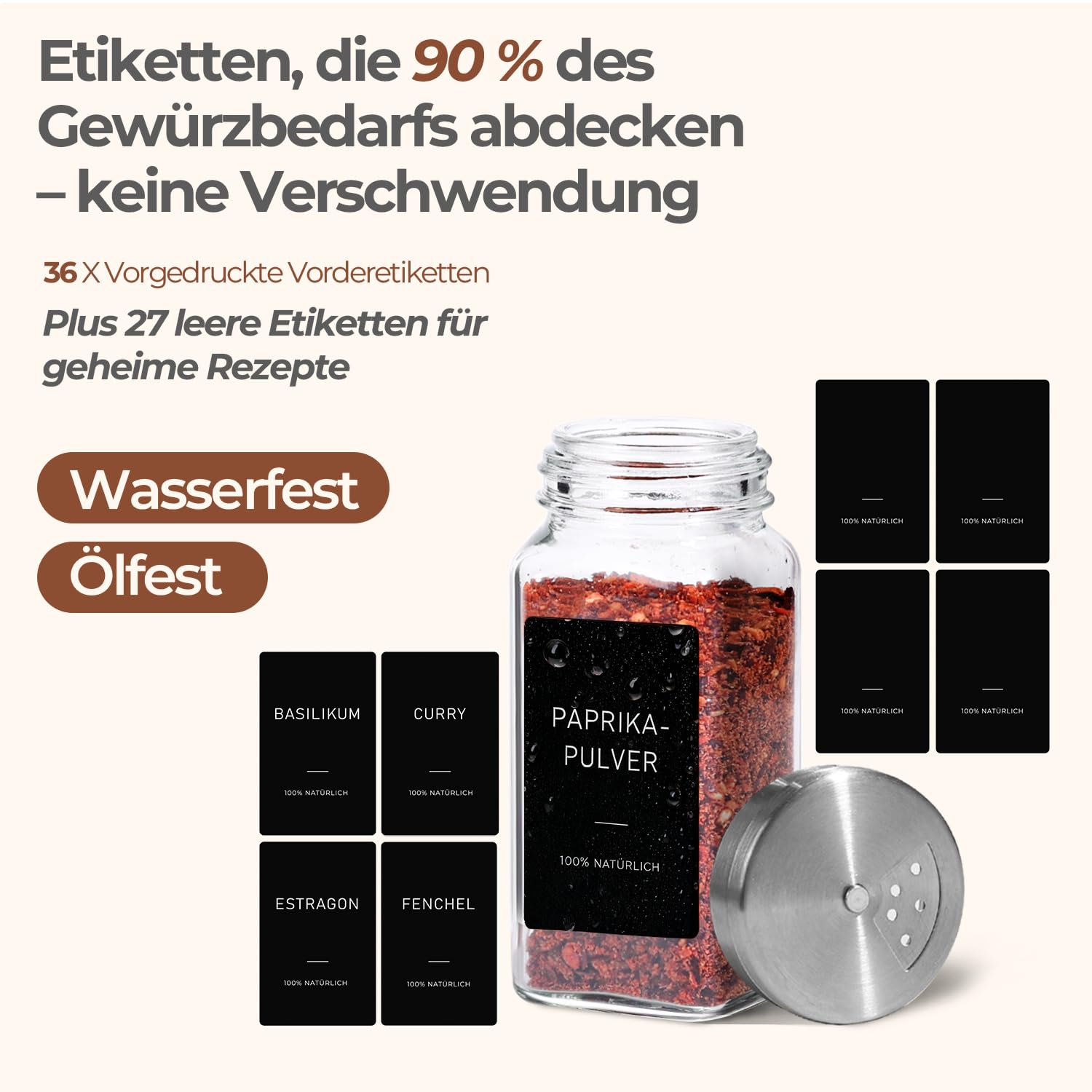 ComSaf Gewürzgläser Eckig mit Etiketten (24×120ml), Gewürzstreuer Glas mit Metalldrehdeckel, Gewürzdosen Edelstahltrichter, Gewürz Organizer, Gewürzbehälter, Spice Jars