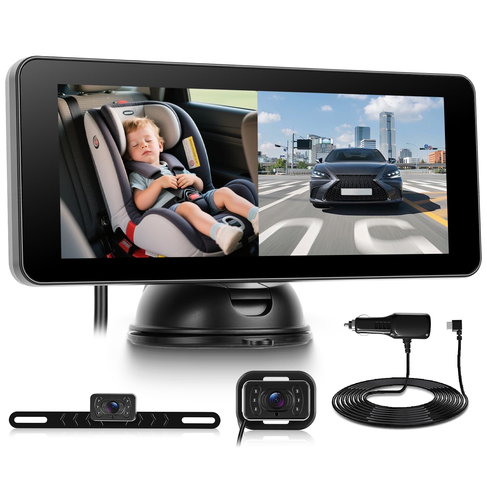 Hodozzy Cámara Coche Bebés Asiento Trasero Monitor con Pantalla HD 6,86 Pulgadas, Visión Nocturna Espejo Retrovisor Cámara con ángulo Ajustable de 360°, para Niños/Mascotas, con Cámara Marcha Atrás