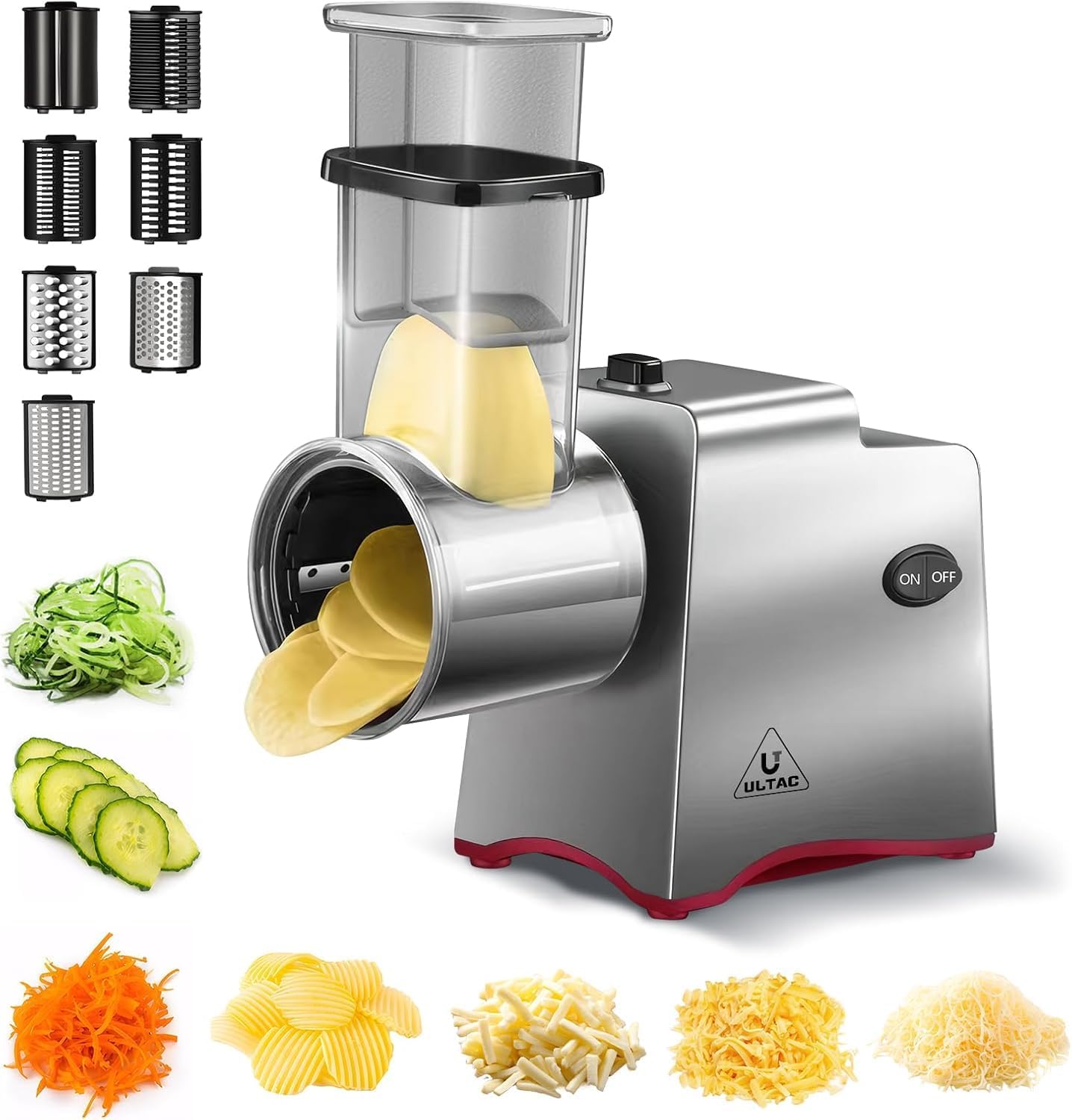 Electric Cheese Grater,Electric Cheese Grater for Block Cheese with 7 Different Shapes of Blades, 250W Electric Slicer Shredder, Electric Salad Machine for Cheeses, Fruits, Vegetables Silver