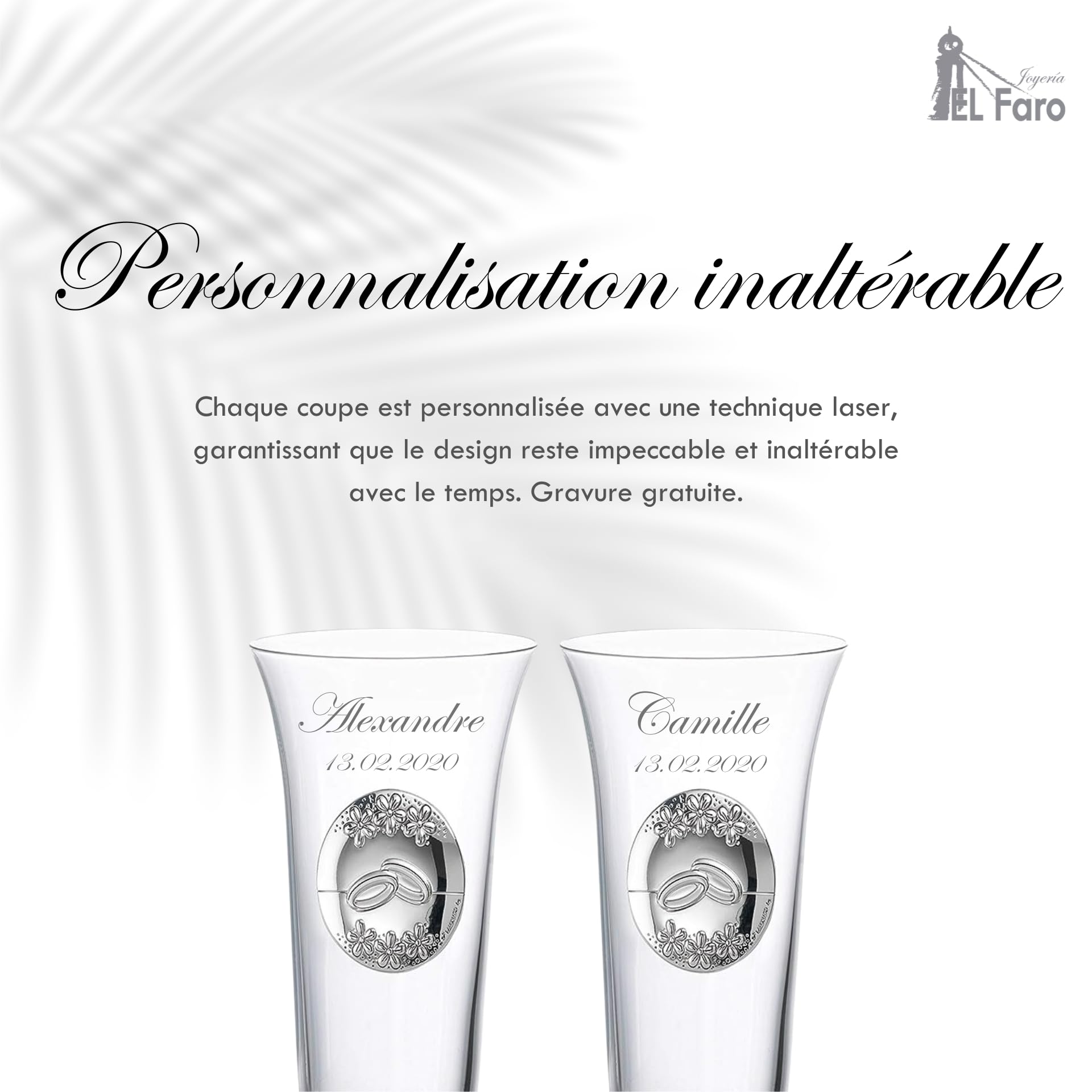 JOYERÍA EL FARO Flûtes Personnalisées pour Mariés | Gravées avec prénoms, Cristal de Bohême haute résistance, Coffret premium inclus