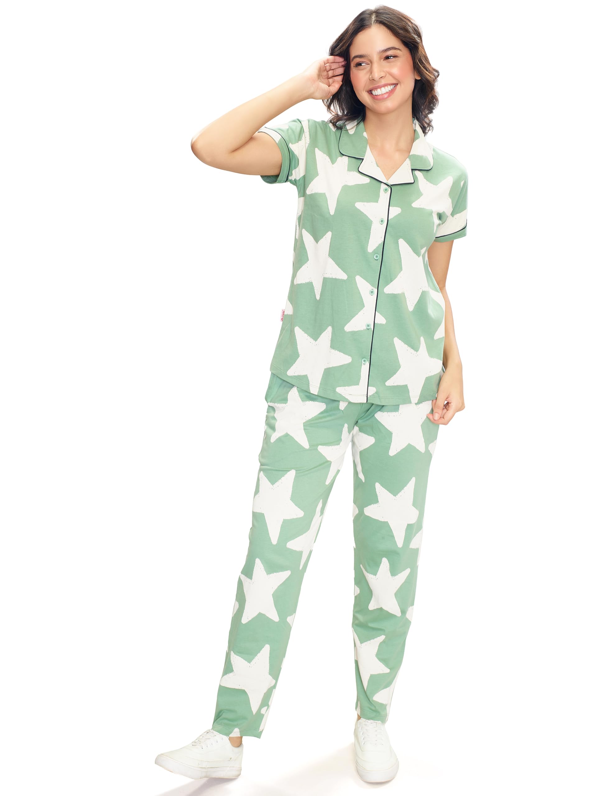 lotik Women's Cotton Star Print Shirt & Payjama Half Sleeve Nightsuit Set-picture-18