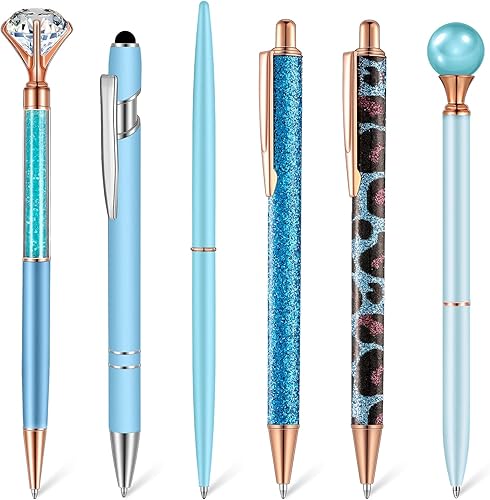 Juego de 6 bolígrafos de metal con diamantes de cristal para diario, bolígrafos con purpurina, bonitos bolígrafos de tinta negra, regalos para