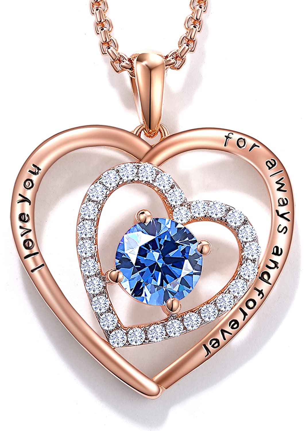 JD & PJD & P Mothers Day Gifts for Mom, Rose Gold Heart Necklace with Cubic Zirconia Birthstone for Women Girls, Forever Love Double Heart Long Pendant Necklaces Jewelry Gifts for Mother Grandma Firends
