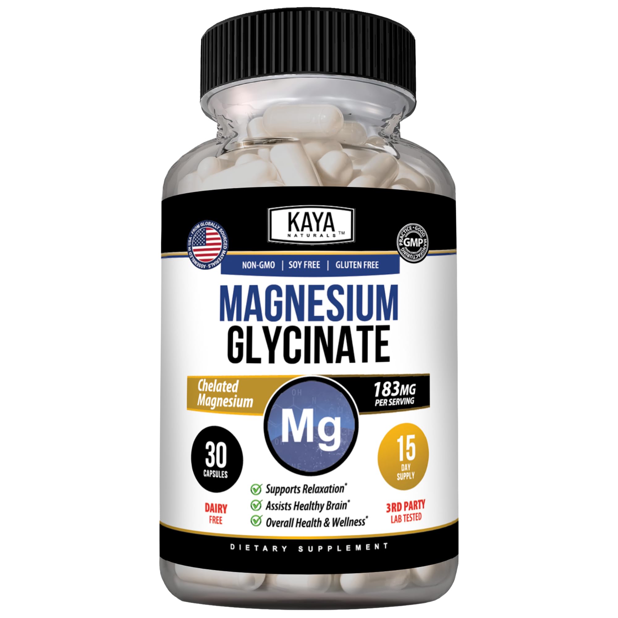 Kaya Naturals Magnesium Glycinate 183 mg per Serving, 30 Capsules 30 Count (Pack of 1)