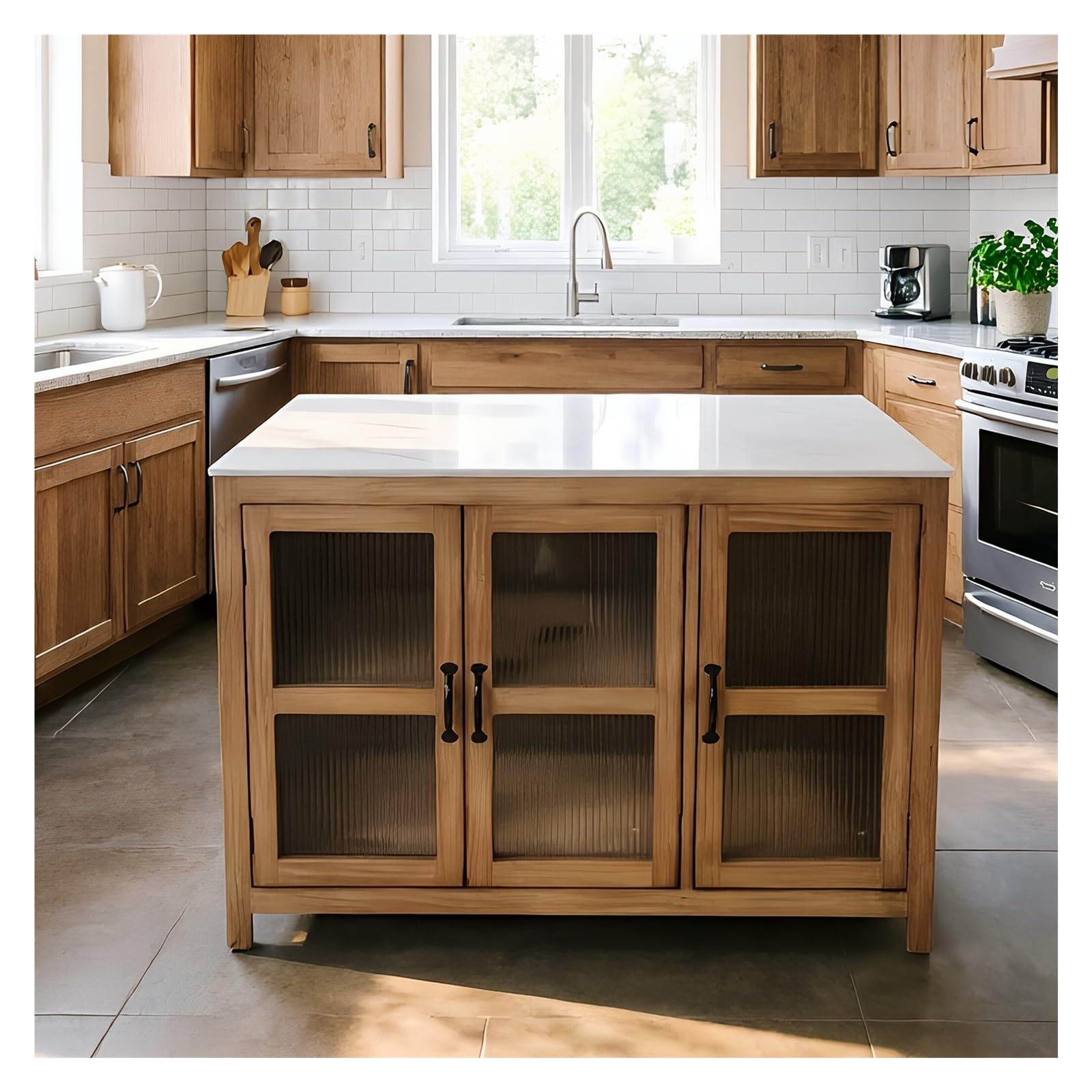 Carro de Cocina Isla de Cocina de Madera con Puertas de Vidrio Estriado Aparador Buffet con Tapa de Piedra sinterizada