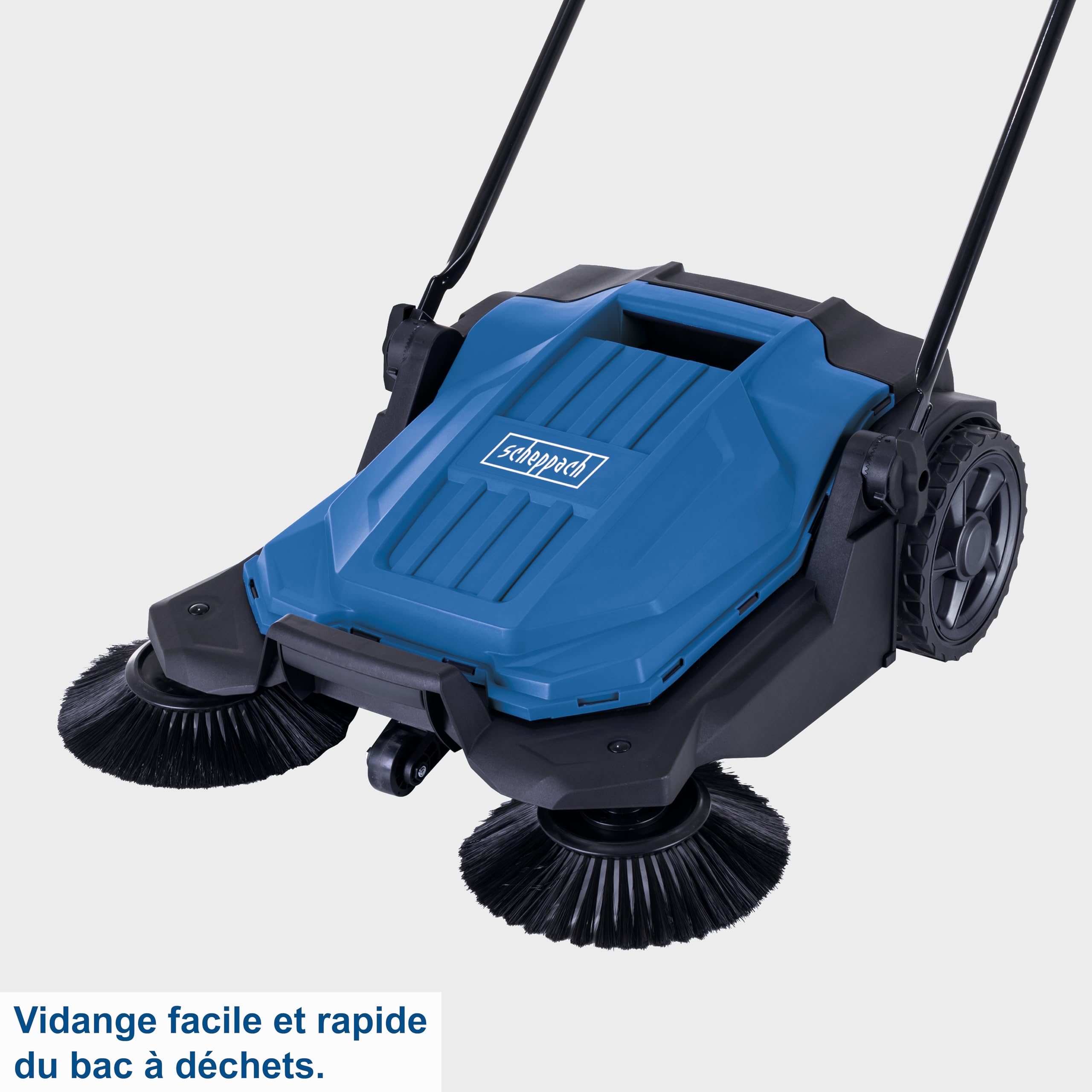 Scheppach Balayeuse manuelle S800 – Largeur de balayage 650 mm – Cuve 20 L | Système de balayage à 3 brosses | Capacité de balayage 2600 m² | Entraînement manuel