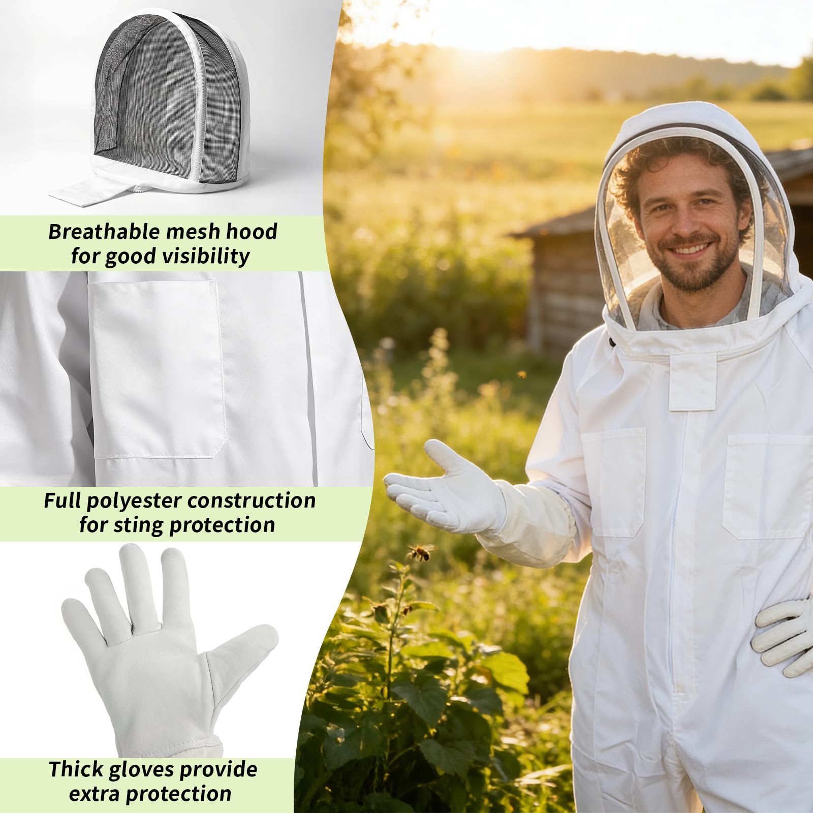 Traje de apicultura, traje de protección de cuerpo completo, ropa protectora con velo, capucha, guantes, traje de abejas para el jardín y suministros de apicultura (XL)
