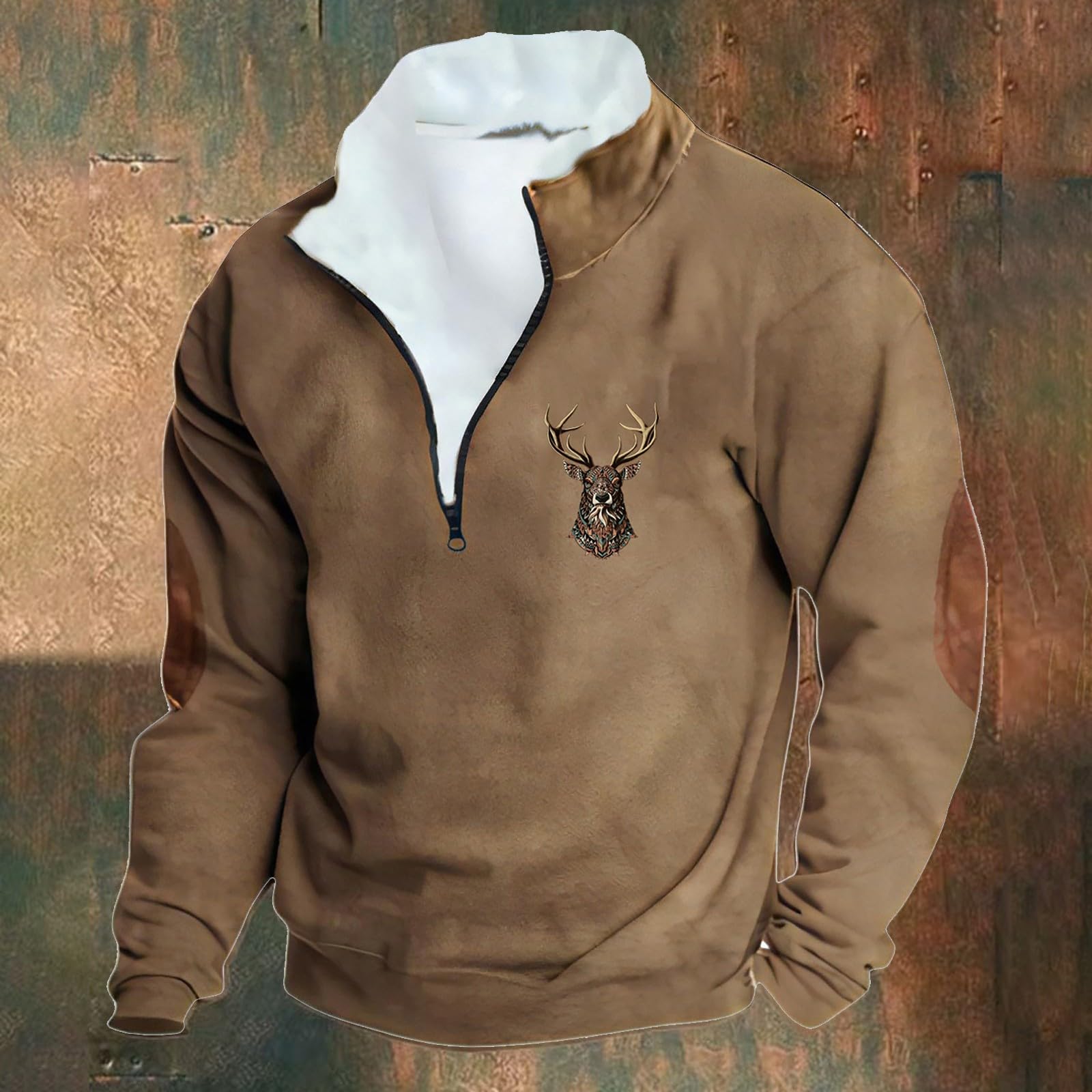 Generisch Sweat-shirt imprimé cerf de chasse pour homme avec boutonnière 1/4 - Pull à manches longues - Vintage - Haut d'hiver avec col montant - Coupe ample - Pull d'hiver surdimensionné