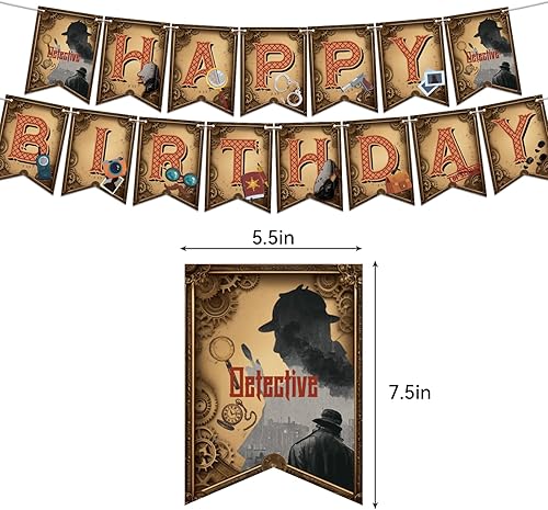Miniatura 3 de Decoraciones de cumpleaños de detective, suministros de fiesta, incluye pancarta de detective, decoración de tartas, decoraciones de cupcakes,