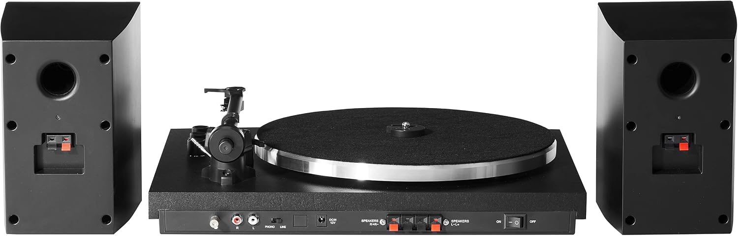 Crosley T150B-BK Modern 2-Speed Bluetooth Turntable System with Variable Weighted Tone Arm and Stereo Speakers, Black