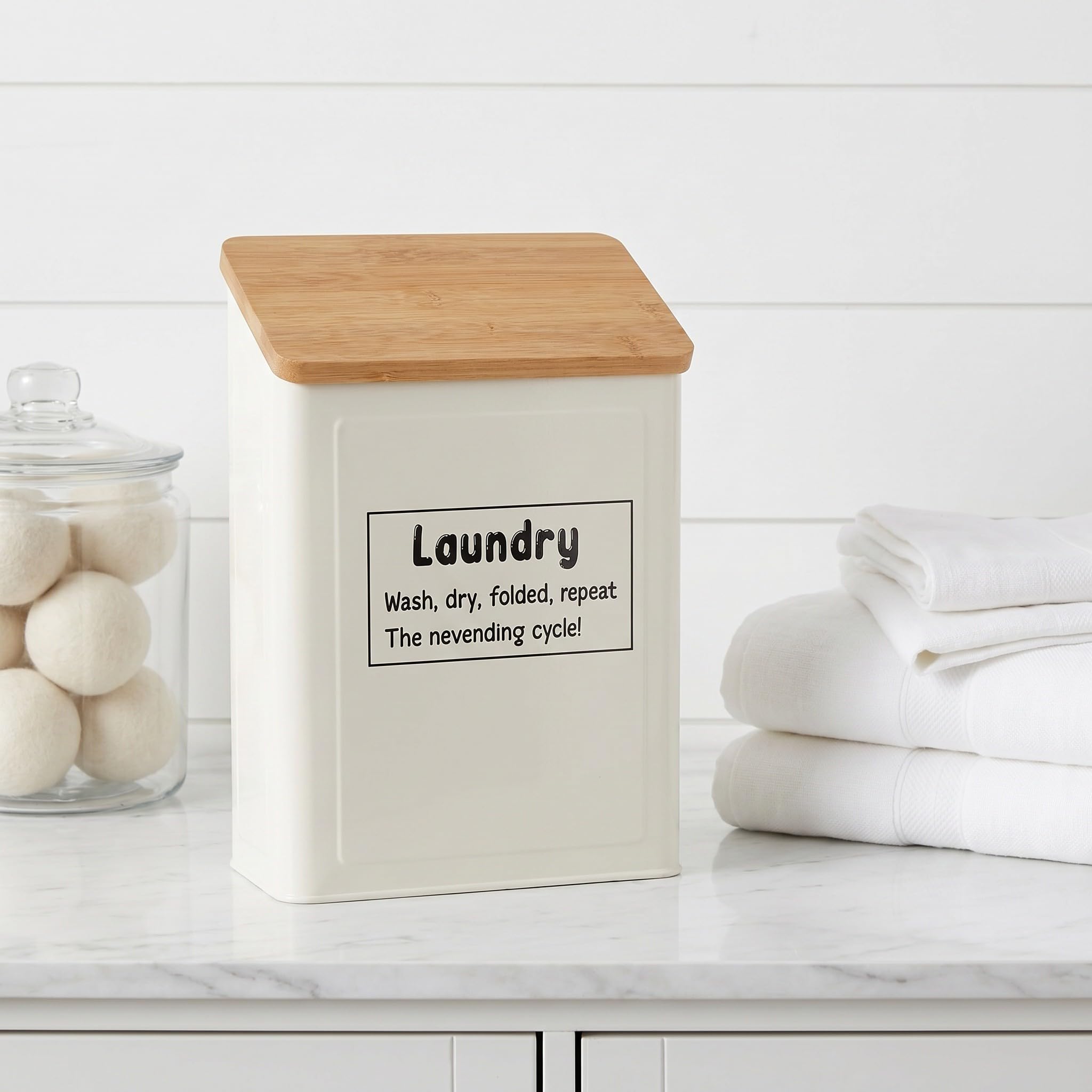 Caja Organizadora de Bambú Blanco para Detergente de Lavandería con Tapa Magnética y Protección Polvo para Espacio de Lavado