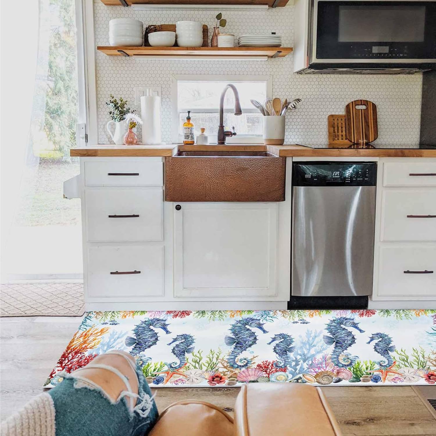 2 Pieces Kitchen Rugs and Mats,Ocean Blue Seahorse Coral Shell Starfish Area Runner Rug Set Non Slip Floor Doormat Washable Carpet Standing Mat for Kitchen Sink Indoor Corridor,Watercolor Marine Life