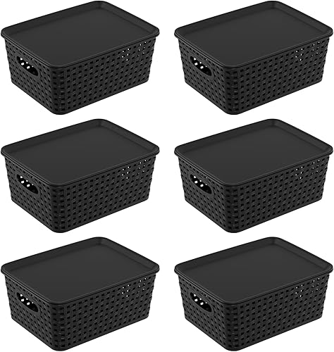 Miniatura 7 de Begale Paquete de 6 cestas de almacenamiento de plástico, contenedor de almacenamiento tejido, 3 negros y 3 grises