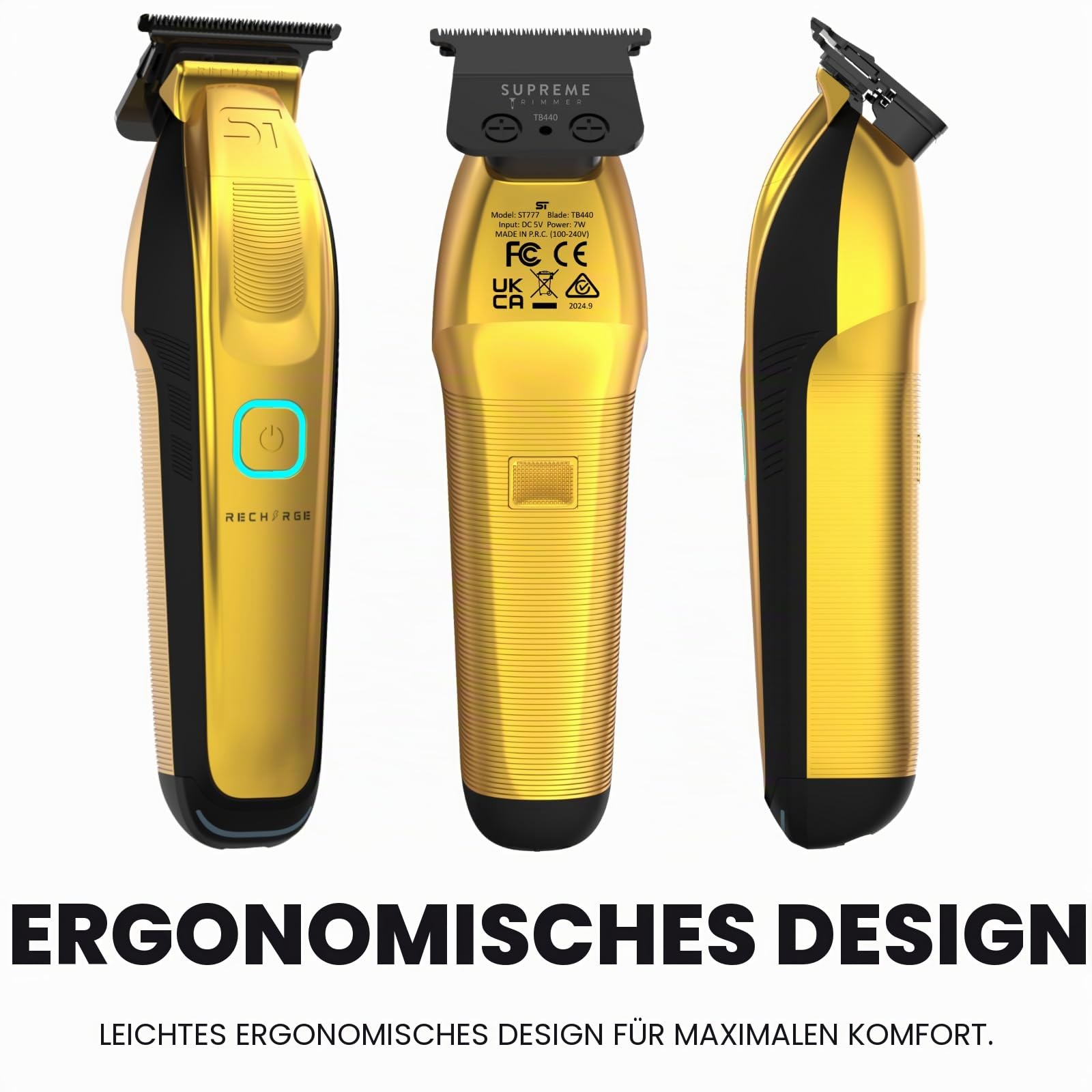 Supreme Trimmer Recharge ST777 – Professional Barber Trimmer with 2 Removable Batteries | 8000 RPM Motor, Smart Charging Dock, USB-C Fast Charge (Gold)