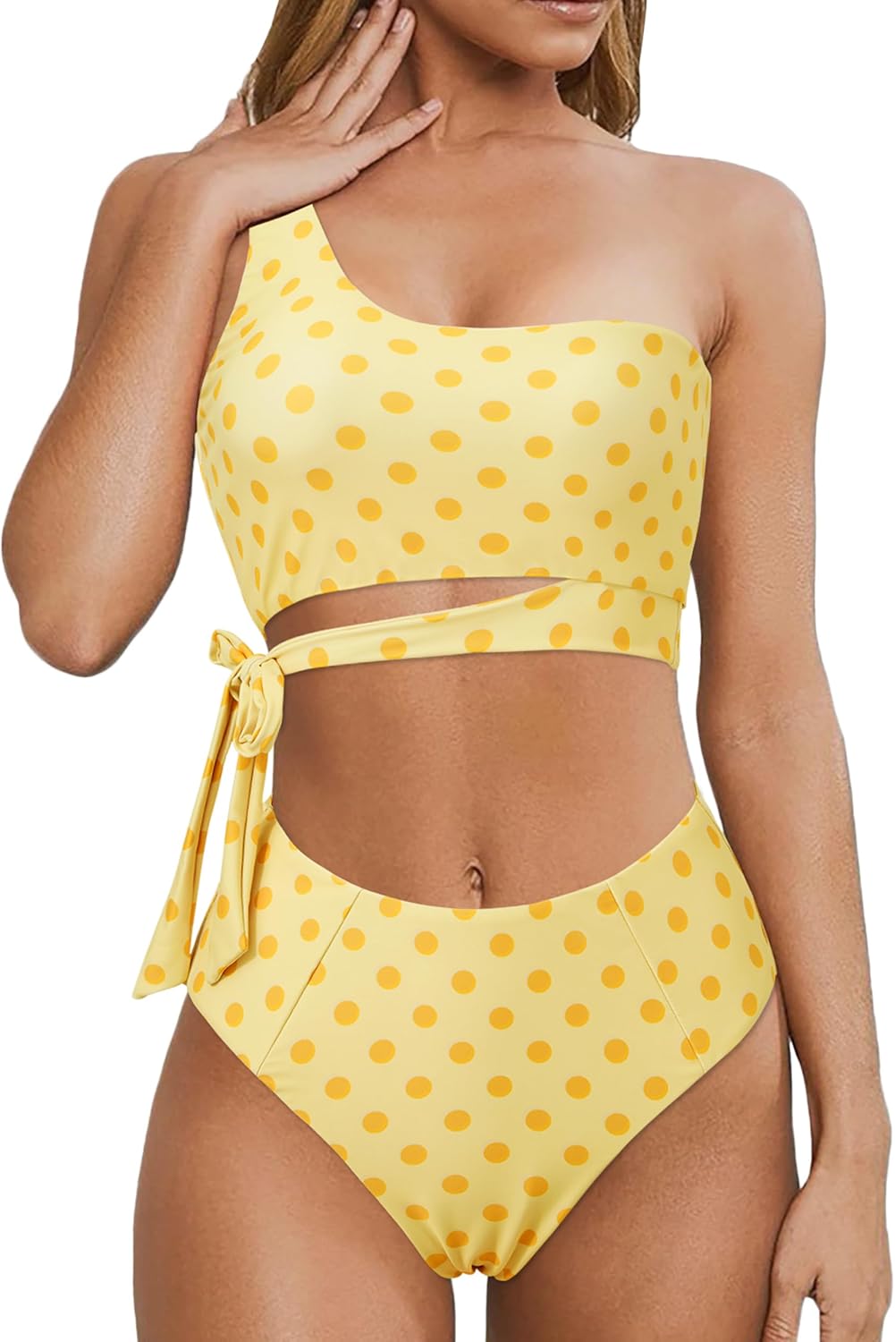 MOOSLOVER Women One Shoulder High Waisted Bikini Tie High Cut Two Piece Swimsuits