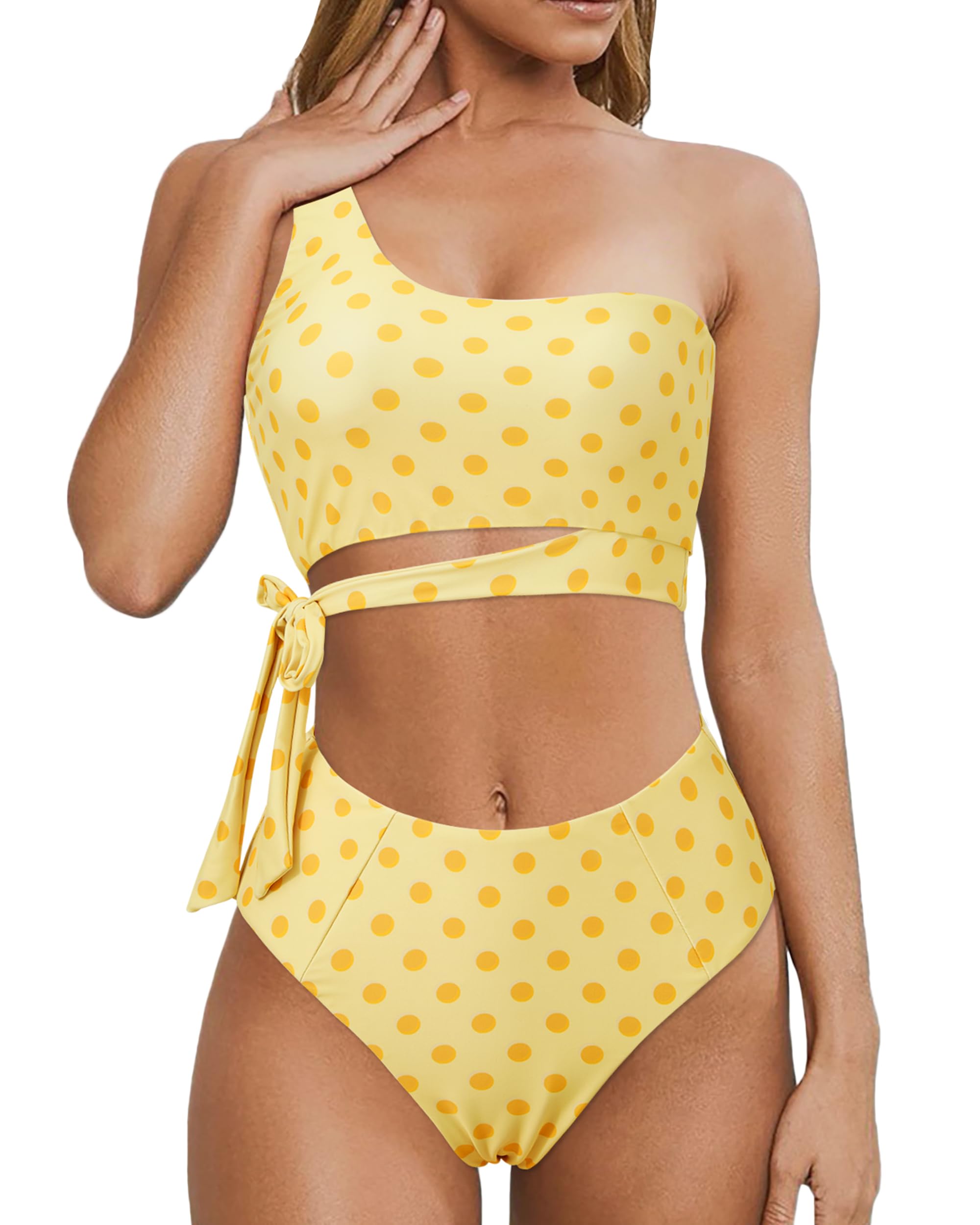 Women One Shoulder High Waisted Bikini Tie High Cut Two Piece Swimsuits