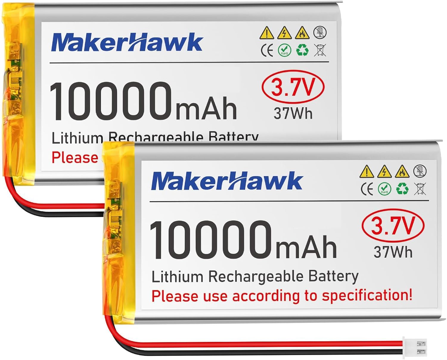 MakerHawk 3.7V LiPo Battery 10000mAh 1163115 Rechargeable 1S Polymer Battery with Protection Board Insulated Rubber Tape, JST 2.54 Connector for Raspberry Pi Arduino ESP32 Development Board (2 Pack)