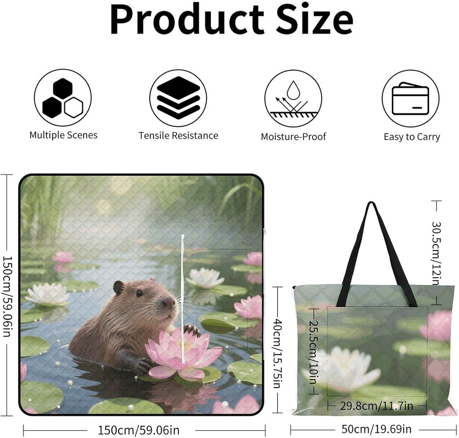 Capybara Picnic Blanket 150x150cm, Foldable 2-in-1 Picnic Mat and Tote Bag Portable Waterproof Beach Mat Sandproof Outdoor Blanket for Park, Hiking, Beach, Camping, Travel