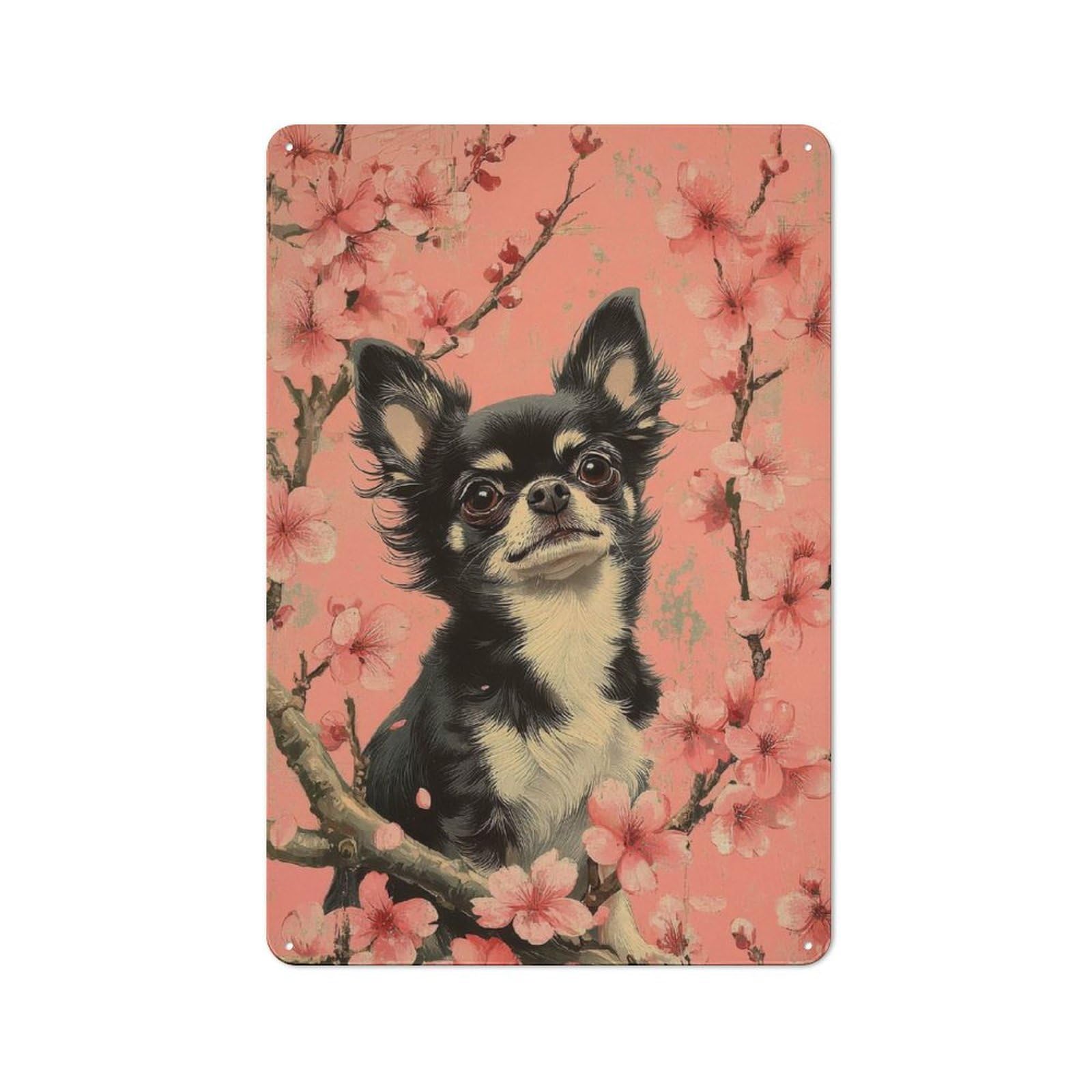 Junmoney Chihuahua In Cherry Blossoms Dog And Blossom Retro Metal Plaque 30X20cm Featuring S Wall Art For Garage Wall, A Winter Wall Decor Update For Workshop Decor Fans