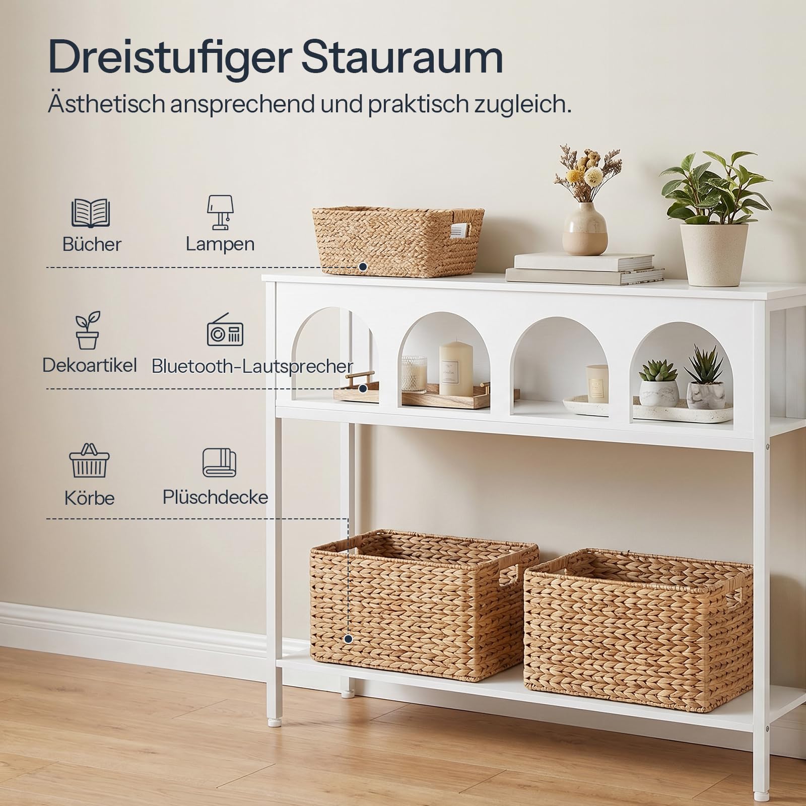 HOOBRO Schmaler Konsolentisch mit Bogendesign, Eingangstisch mit 3 Ablagen, Konsolentisch im Landhausstil, Beistelltisch, Sofatisch, Metallgestell, Flurtisch für Wohnzimmer, Flur, Weiß EWW106XG01
