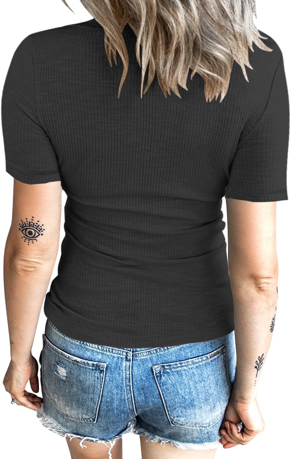 KINLONSAIR Women’s Short Sleeve Henley T Shirts Button Down Slim Fit Tops Scoop Neck Ribbed Knit Shirts - Image 2