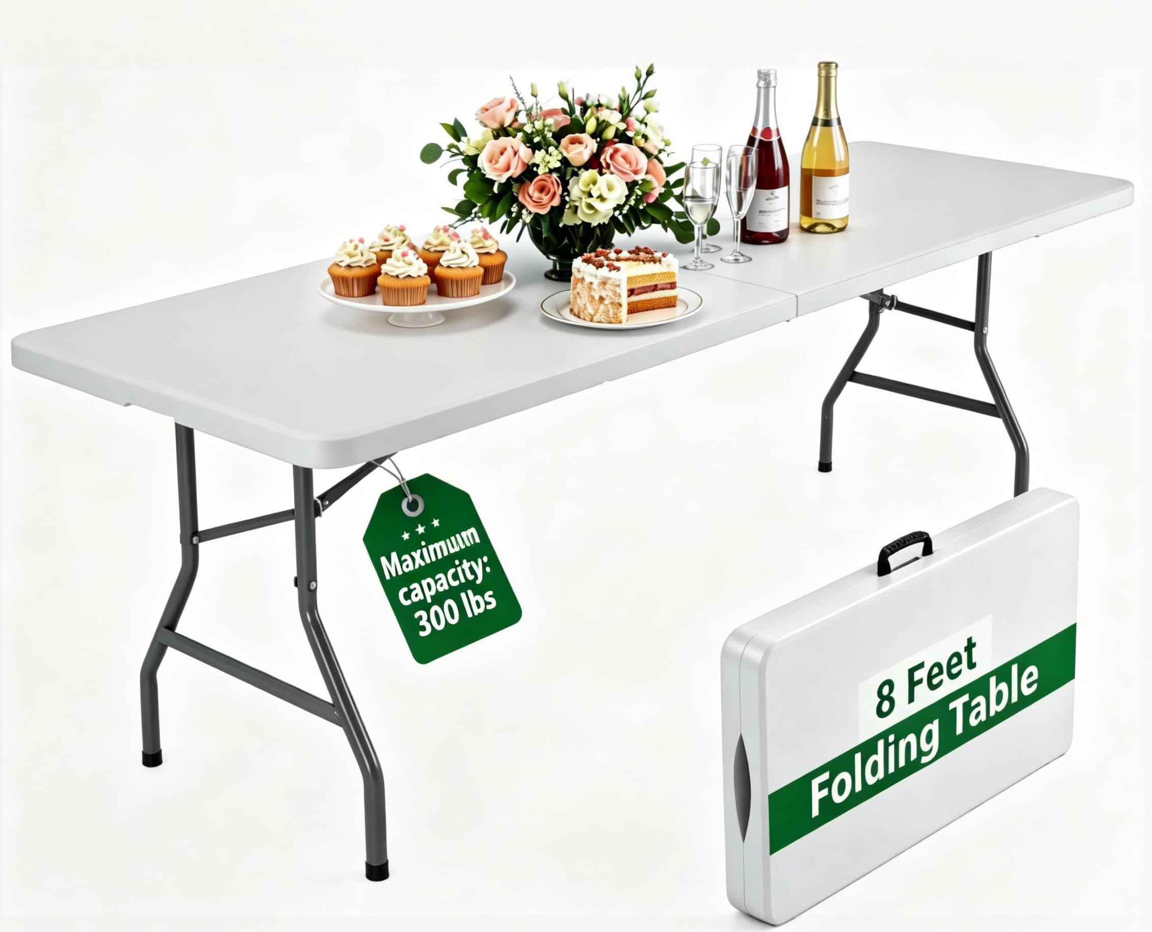Simple Deluxe Foldable Table - Heavy Duty Portable Plastic Top & Steel Legs, Built-in Handle for Indoor Outdoor Party, Camping, White 8 FT, Standard