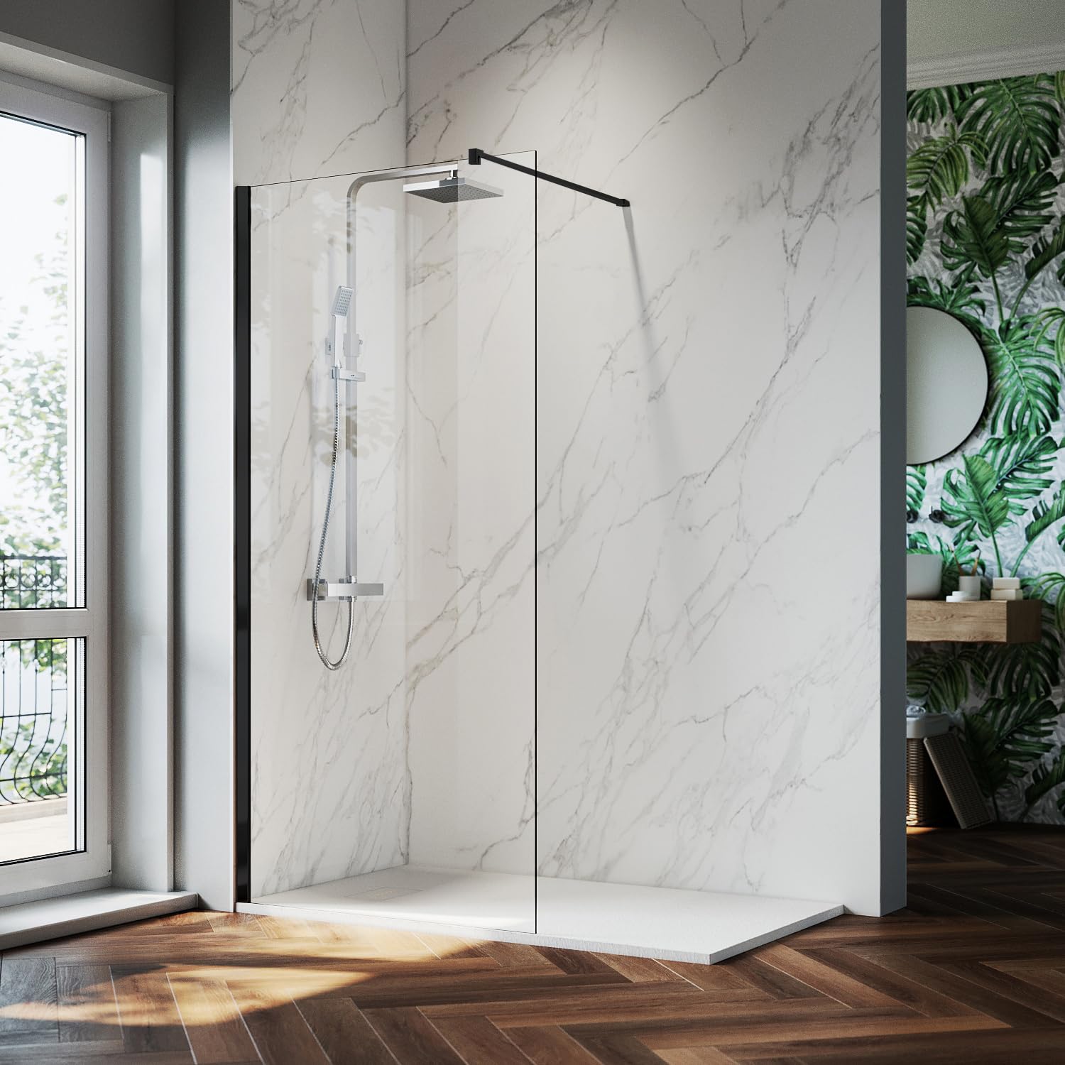ZANOFIRA 900mm Black Walk in Shower Screen 8mm Toughened Safety Clear Glass Panel Wet Room Shower Screen with Stainless Steel Support Bar Reversible Adjustable Wall Profile