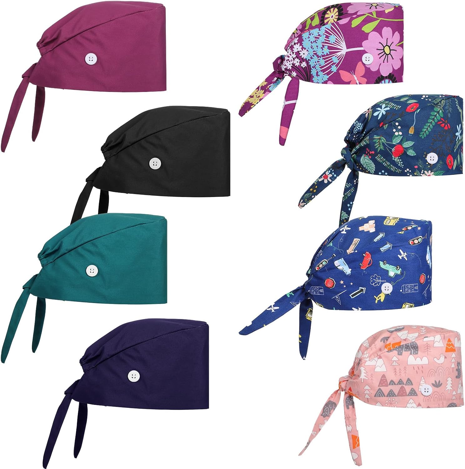 8 Pcs Bouffant Scrub Caps Working Surgical Cap Nurse Hats with Buttons and Sweatband Adjustable Tie Back Hat Women Men