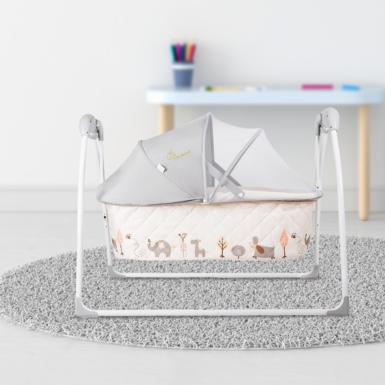 R for Rabbit Fabric Baby Cradle Automatic Swing With 5 Point Safety Harness, Remote Control, Mosquito Net, Soothing Musical, Extra Cushion, Kids Bassinet For Baby Age 0-2 Years (Cream)