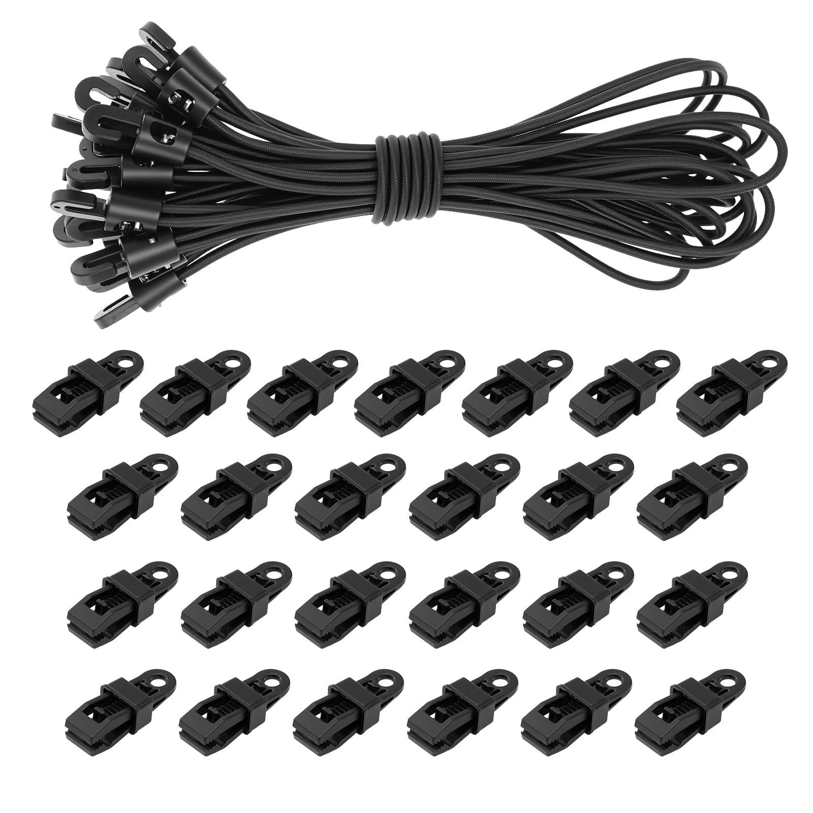 50 Pieces Heavy Duty Tarpaulin Clips Set, 25 Pcs Tarp Clips Heavy Duty Lock Grip & 25 Pcs Small Bungee Cords with Hooks 10 Inch for Camping Garden Awning and More
