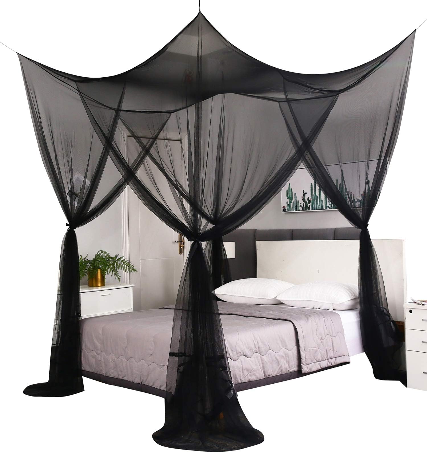 Mosquito Net Bed Canopy For & Adults 4 Corner Bed Canopy Post Frame For Bedroom Decoration Canopy Bed Frame Post Poles With Curtains ,Triangle,Twin, Queen, Flower