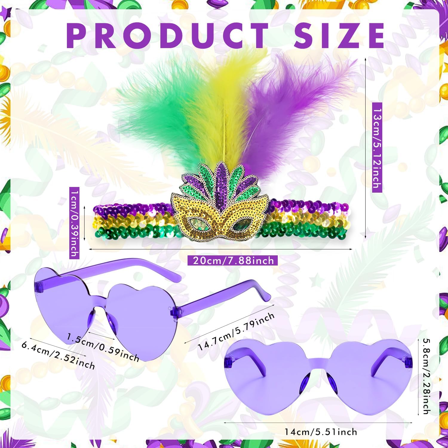 6 Pcs Mardi Gras Accessories Feather Headband for Woman, Heart Shape Sunglasses Set Purple Yellow Green Glitter, Feather Sequin Fascinators for Masquerade Party Carnival Cocktail - Image 2