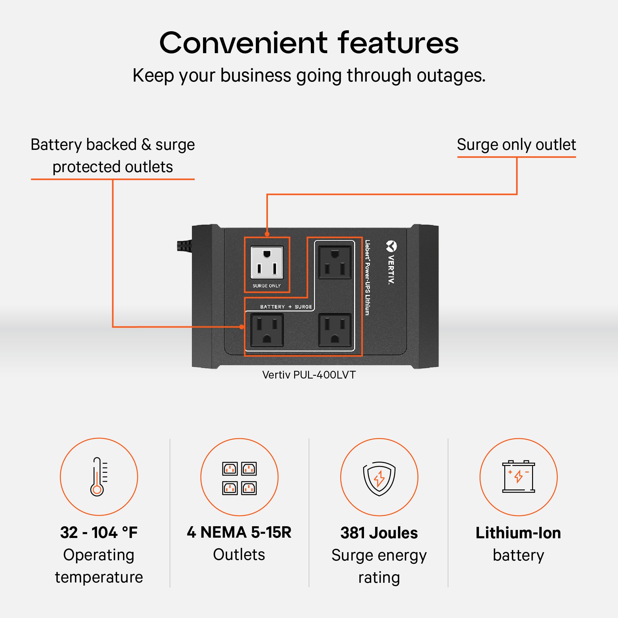 Vertiv Liebert Power UPS Litio, 400VA/240W, 120V, Iones de Litio, UPS en Espera, (4) Tomas NEMA 5-15R (3 Pilas de Respaldo), Certificado Energy Star, Compacto Ligero (PUL-400LVT)