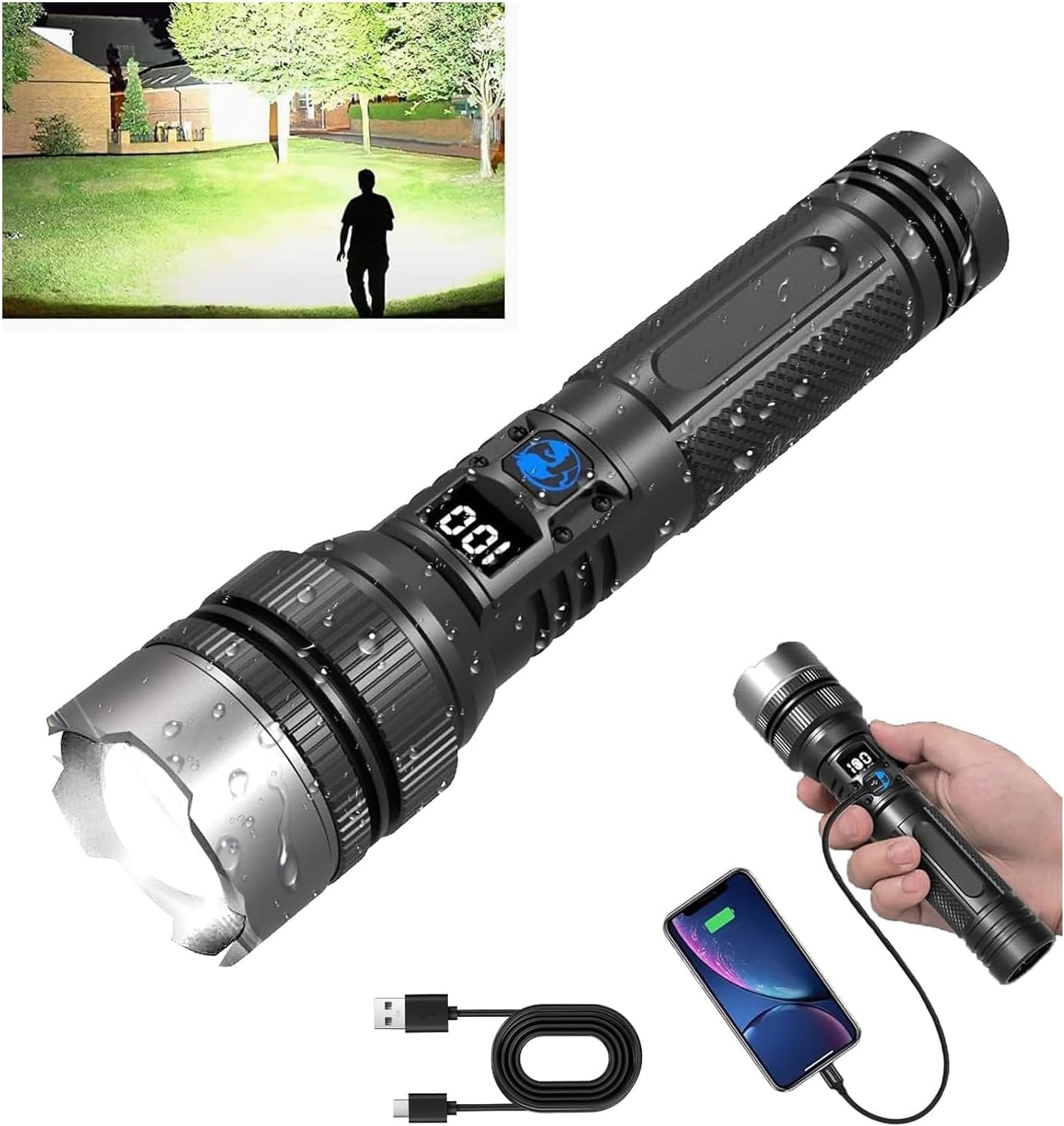 Rechargeable Flashlights High Lumens,LED Rechargeable Flash Light, Zoomable IPX7 Waterproof, 2-in-1 High Lumens, Power Bank and Digital Display, for Outdoor,Camping,Emergency Multi-Scenario(1pcs)