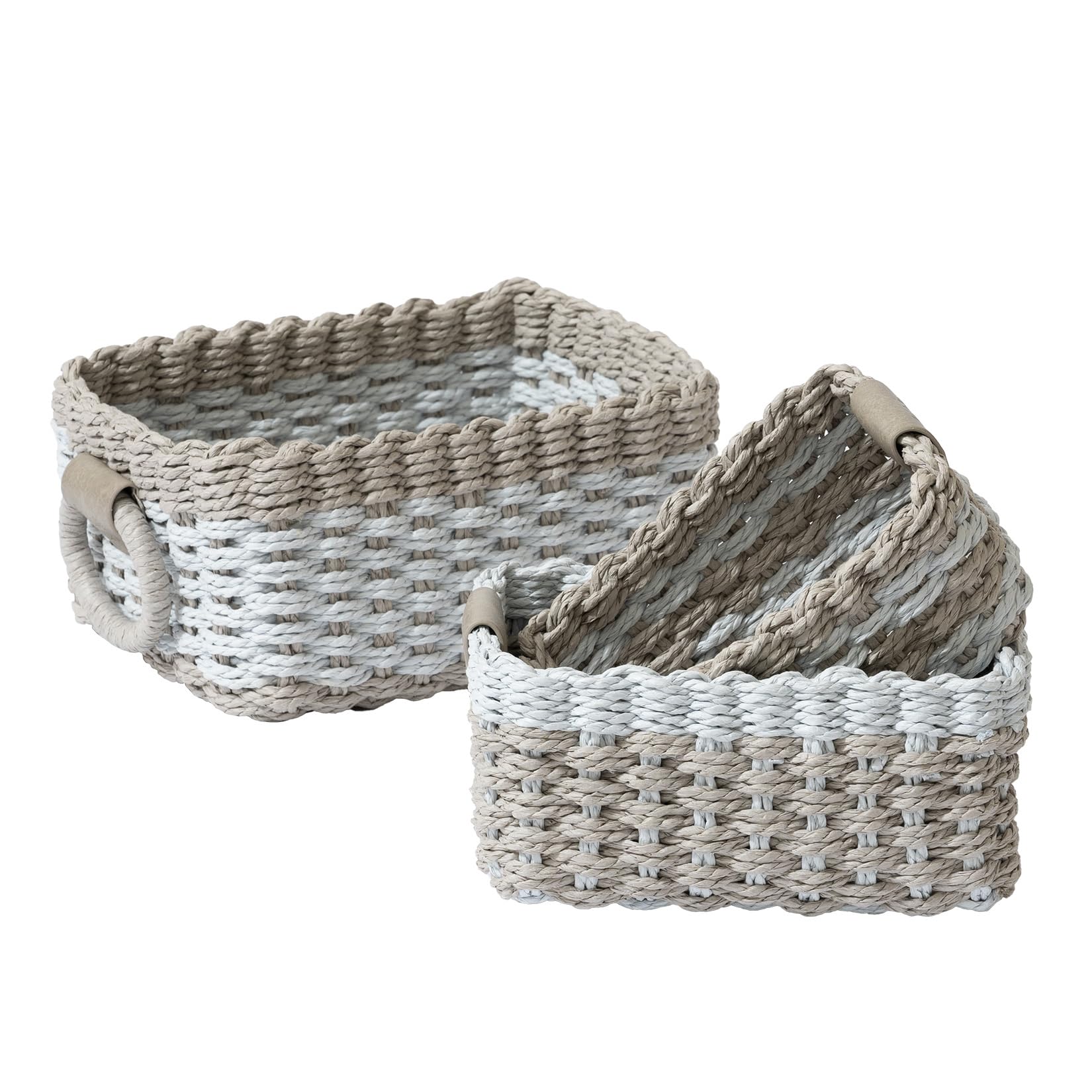 La Jolie Maison Small Light Blue and Gray Wicker Baskets Set of 3, Paper Rope Storage Baskets with Handle, Small Woven Baskets for Organizing, Decorative Cute Baskets for Gifts