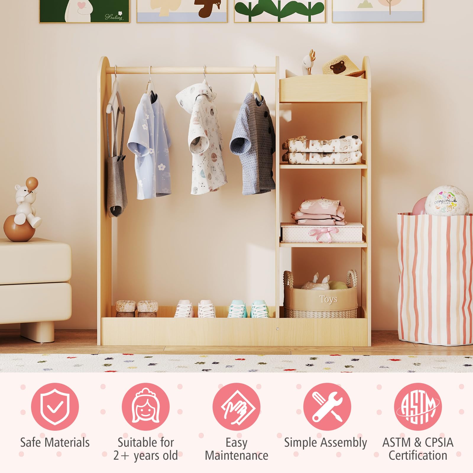 FANTASK Kindergarderobe Kleiderständer, Holz Kleiderschrank mit Spiegel sowie 4 Ablagen Kleiderbügel, multifunktionales Kinder Garderobenregal für Kinderzimmer Spielzimmer, Natur
