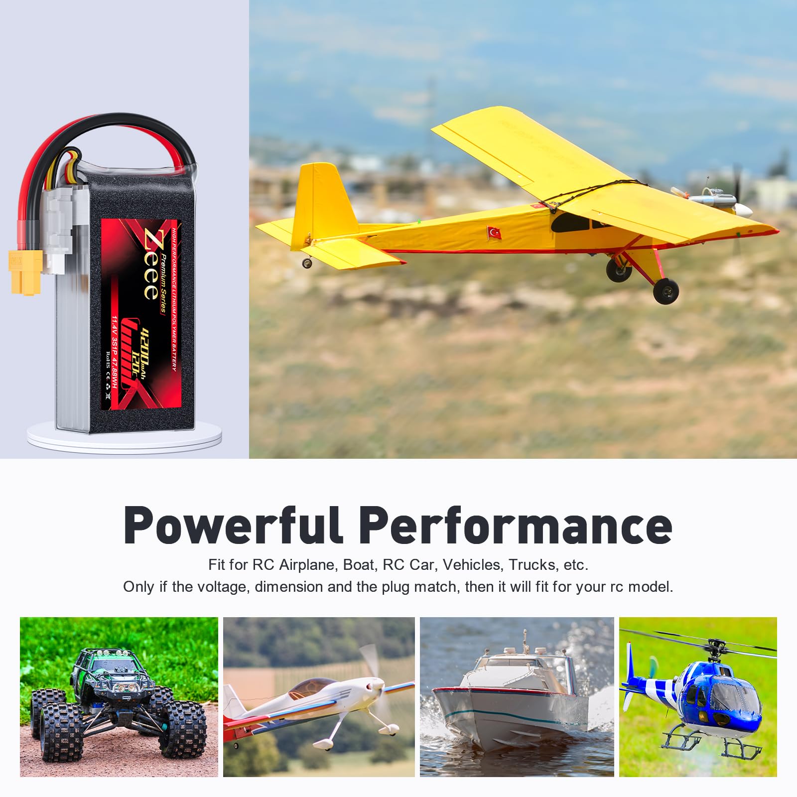 Zeee 3S Lipo Batteria Premium Serie 4200mAh 120C 11.4V Batteria Alta Tensione Corta con Spina XT60 Compatibile con Rock Crawler Elicottero Aeroplano Drone Boat Racing Modelli (2 Pezzi)