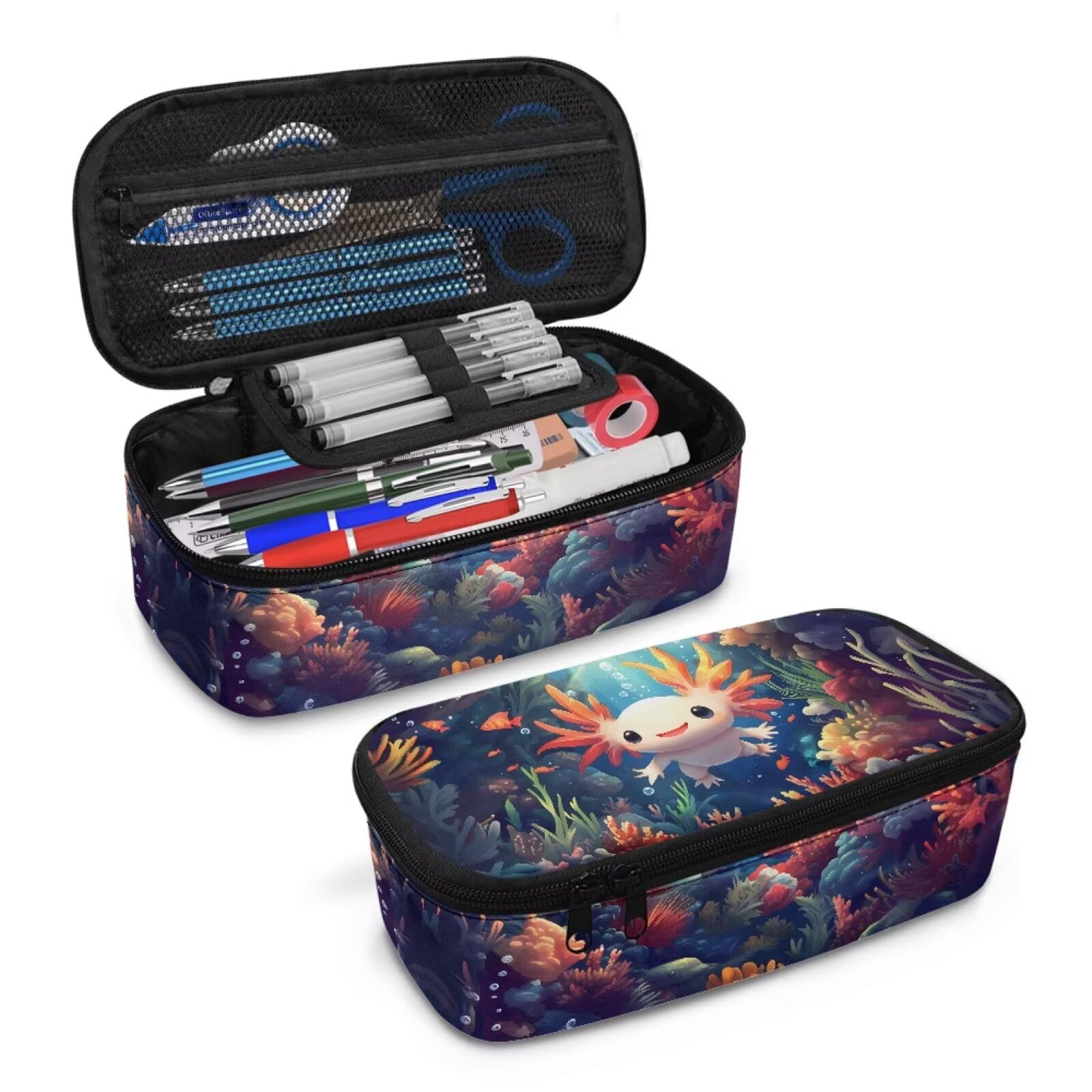 STUOARTE Axolotl Flower Print Large Capacity Pencil Case for Girls, Multi-Purpose Pencil Pouch Aesthetic Stationery Bag, Zipper Closure Pen Case